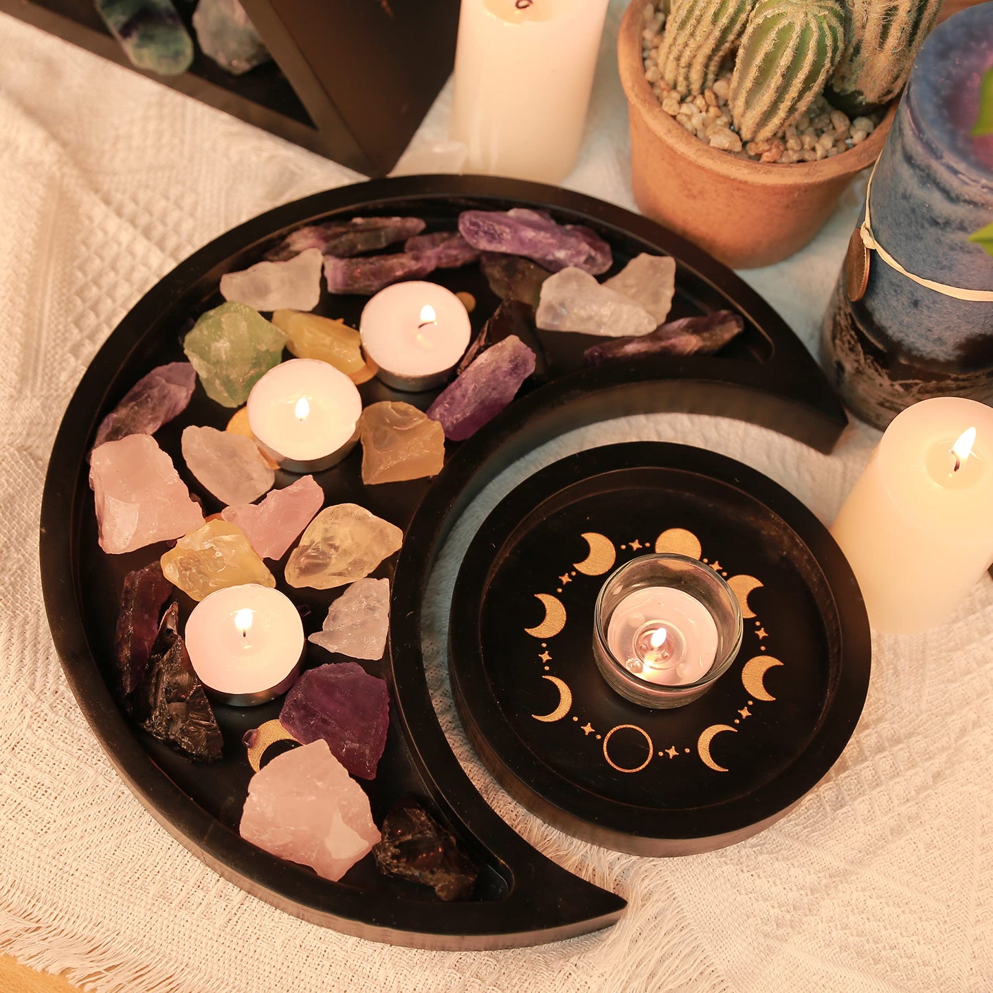 Mooncraftlogy Crescent Moon Tray Crystal Holder Set, Black Wooden Display for Stones Storage, Wicca Lunar Phases Organizer for Essential Oil Rocks, Altar Table Home
