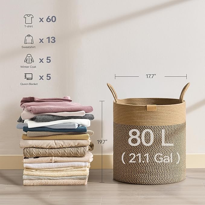 80L Laundry Hamper Basket, Baby Nursery Woven Storage Basket