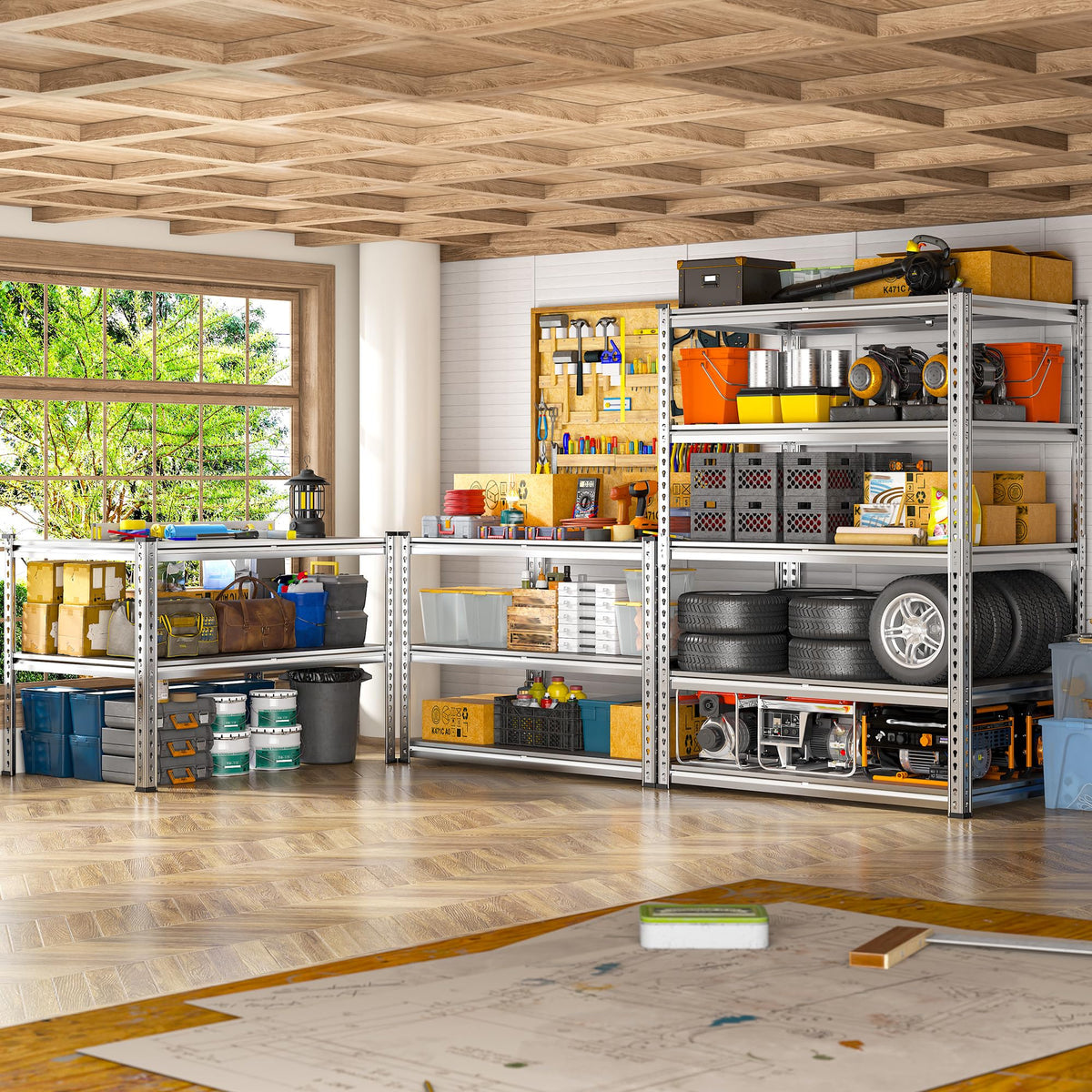 REIBII 2200LBS Heavy Duty Storage Shelves, 5-Tier Adjustable Metal Shelving Unit with Waterproof PP Boards,Garage Storage Rack for Pantry Basement Warehouse,35" W x 16" D x 72" H,Sliver Shelves