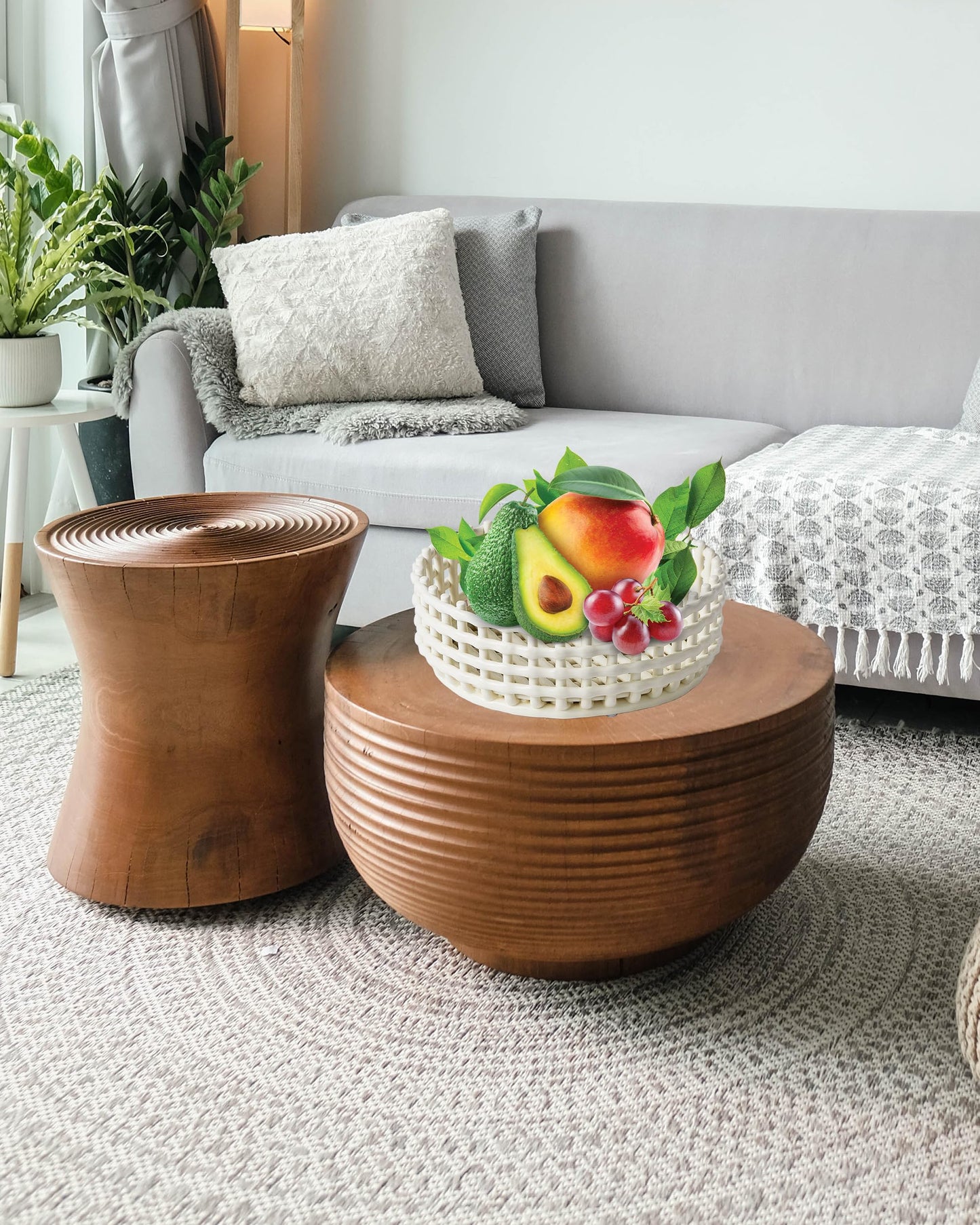 UPWOIGH Large Beige Circular Glazed Ceramic Fruit Basket Bowl, 10.8x3.85in Big Modern Table Decor Handmade Premium Personalized Ceramic Decorative Storage Organizer for kitchen, Breads,Vegetables,Gift