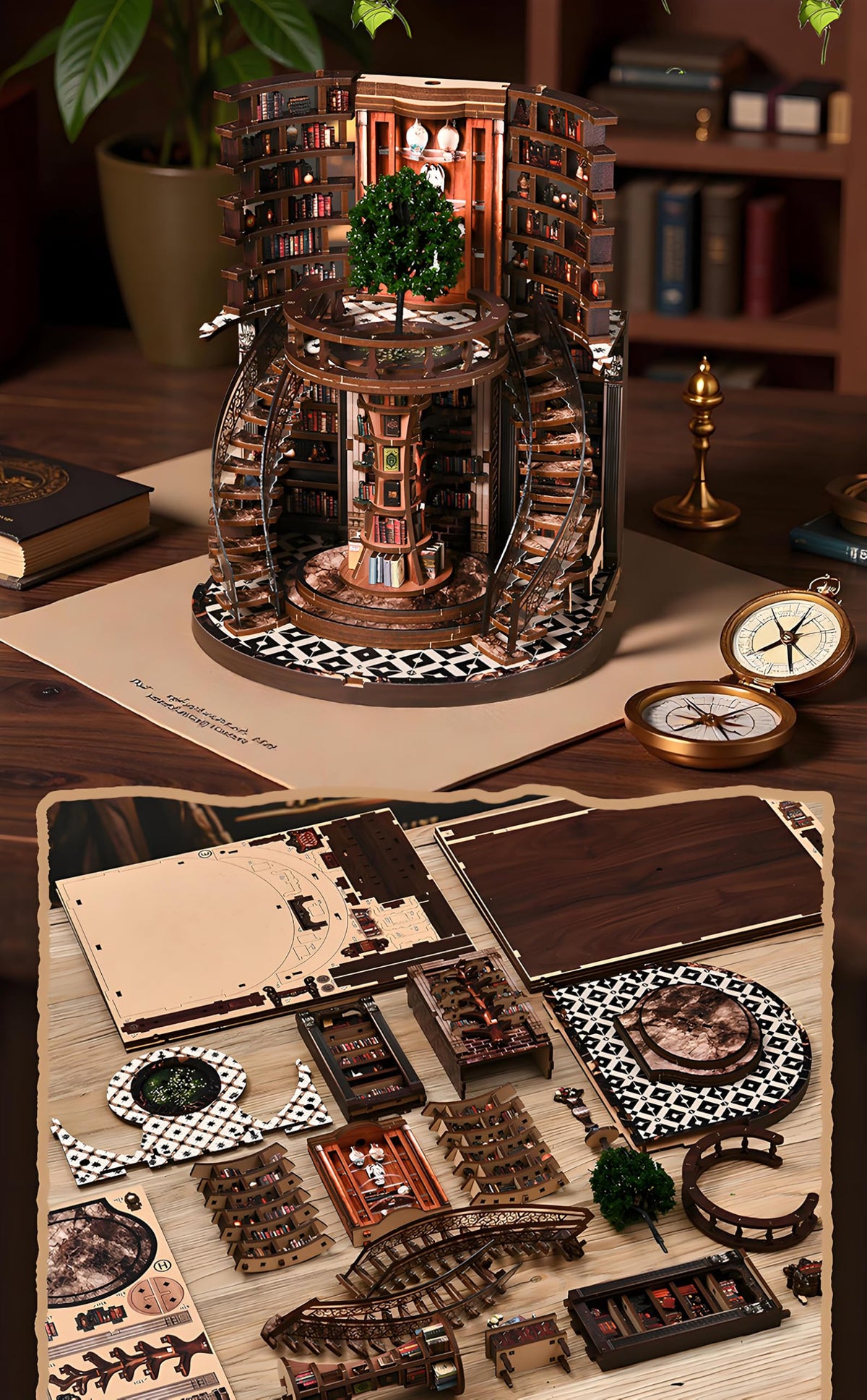 Ahilmrn Book Nook Kits for Adults Fantasy 3D Puzzle Library Booknook Kit with Dust Cover Wisdom Book Repository Round Bookshelf Decor Wooden DIY Spiral Staircase Miniature Dollhouse Book House
