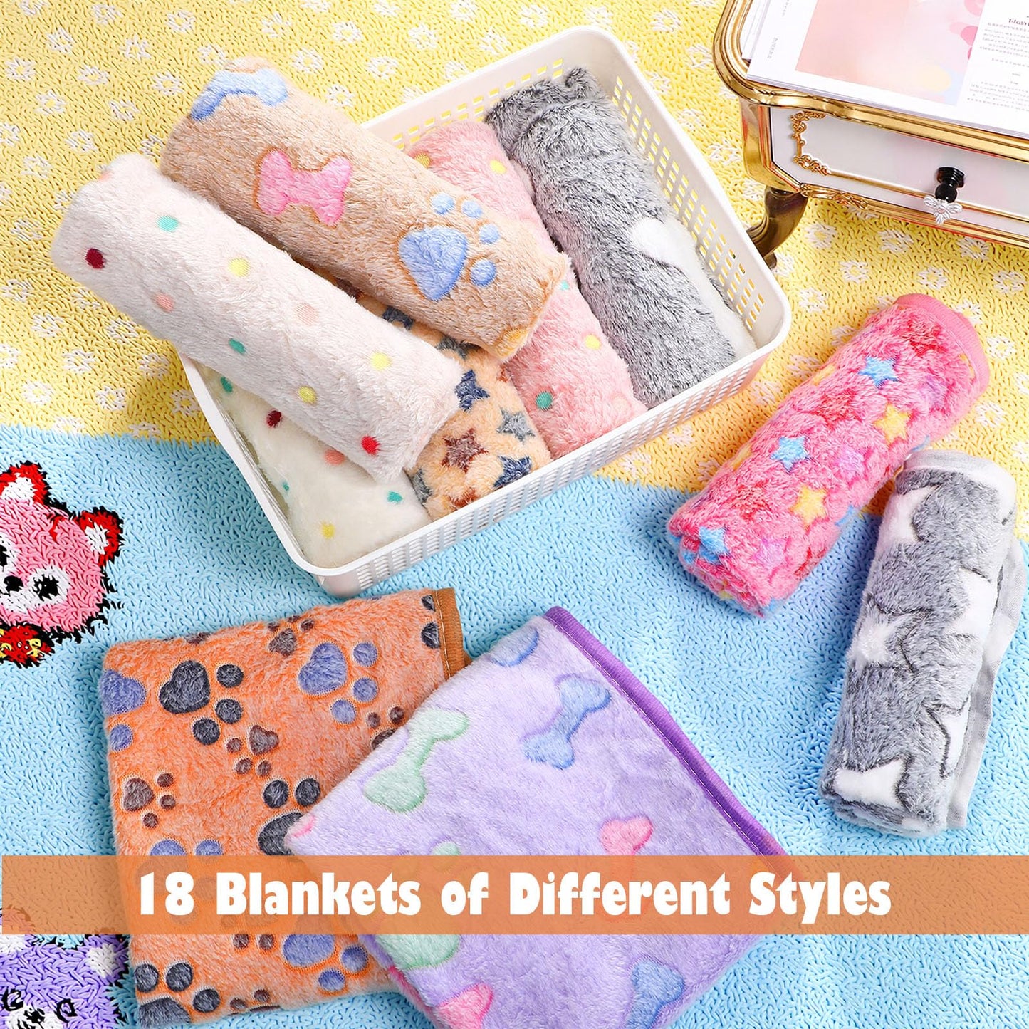 Chumia 18 Pcs Fleece Pet Blanket Soft Warm Sleep Mat Fluffy Cute Puppy Supplies Paw Bone Star Elephant Dot Heart Print Design Bed Blankets for Dog Cat Kitten Animals (41 x 30 Inch,Sweet)