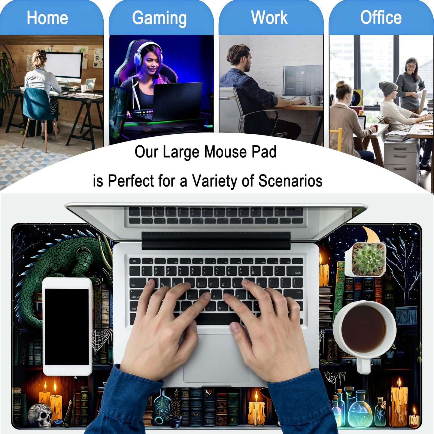 Black Desk Mat Gaming Desk Pad Large Mouse Pad, Mysterious Library Mouse Mat XXL Laptop Keyboard Pad, Vintage Gamer Mouse Pad Full Desk Mousepads Cool Office Desk Accessories 31.5"x15.7"