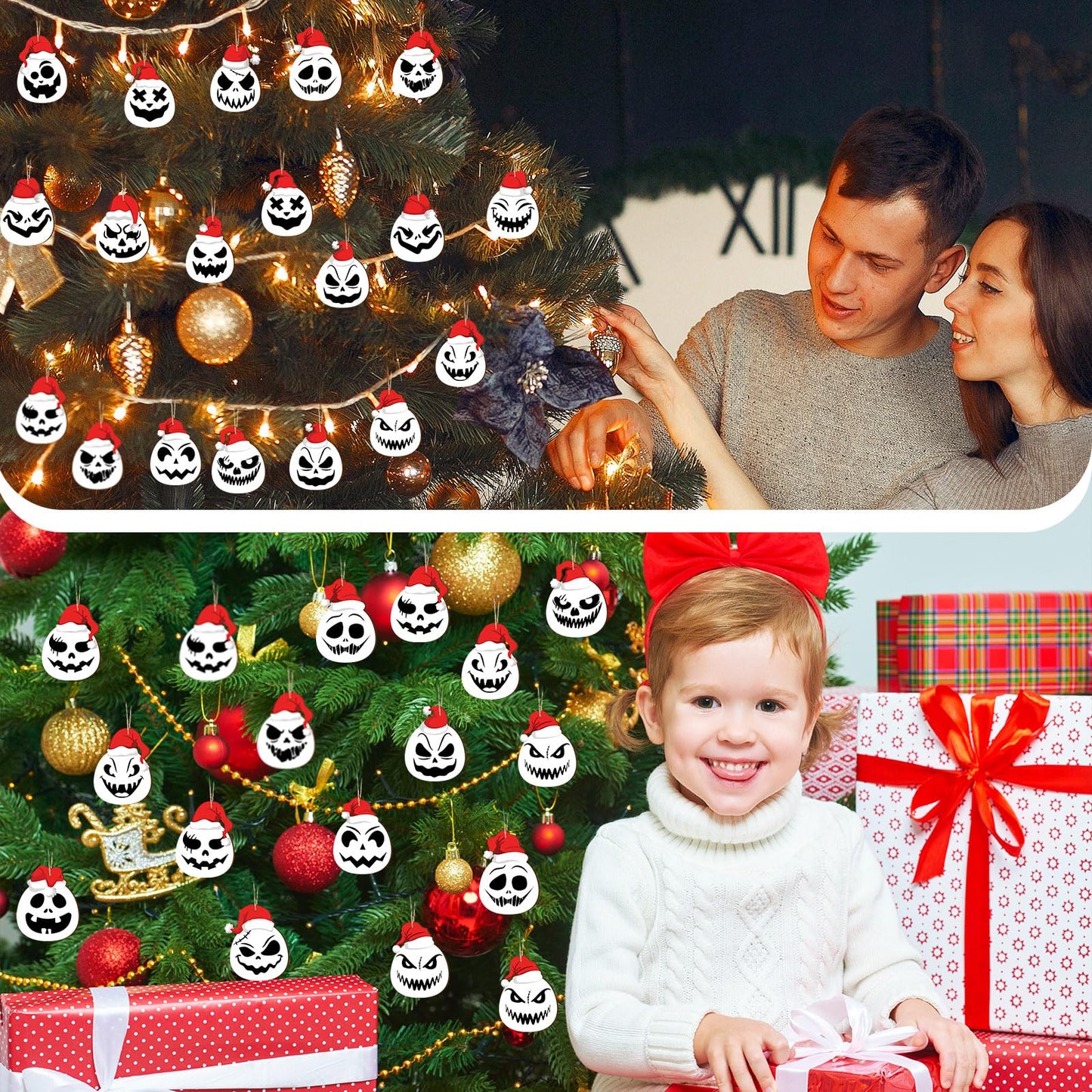 Suzile 36 Pcs Before Christmas Tree Decorations Xmas Jack O' Lantern Spooky Skull Tree Decorations Evil Pumpkin Hanging Ornaments Wooden Xmas Funny Holiday Decoration Gothic Themed Party for Home