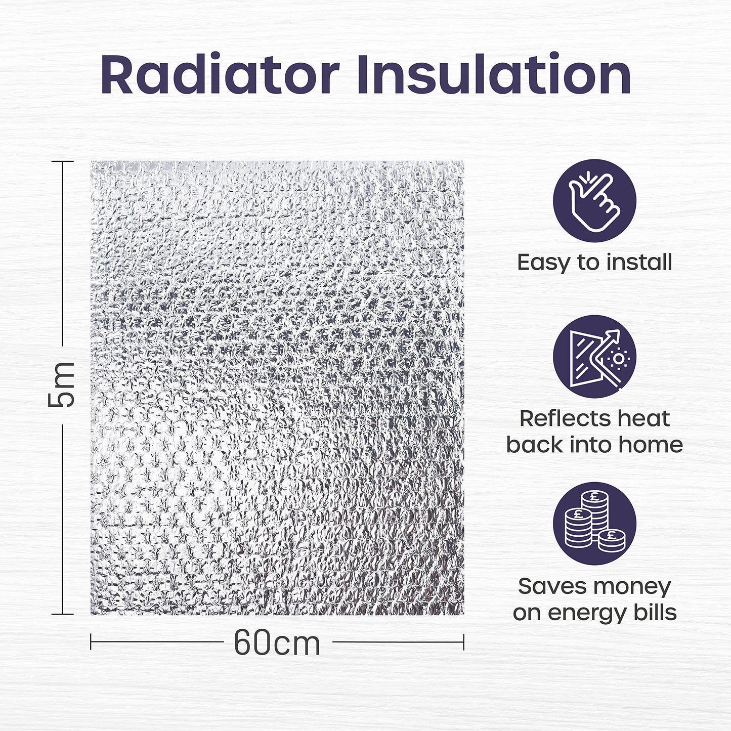Radiator Foil 5m x 60cm - 1 Pack Folded Radiator Reflector Panels for Enhance Heat Efficiency - Energy Saving Insulation Foil and Radiator Heat Deflector for Home Heating with Adhesive Pads