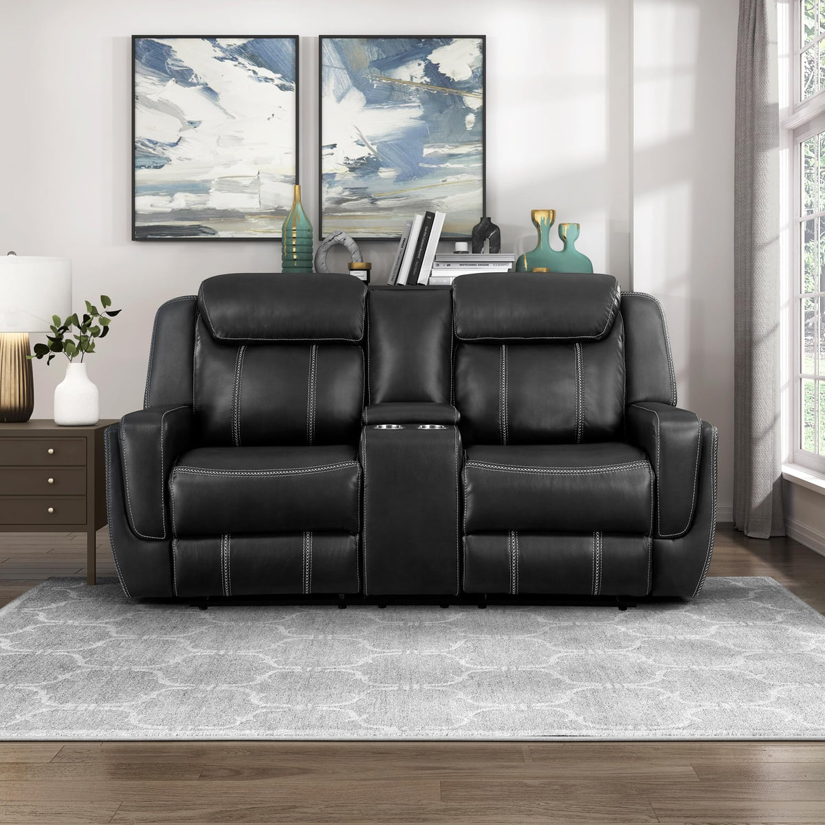 Lexicon Modern Double Reclining Loveseat, Faux Leather Recliner Loveseat With Headrest, Center Console, Receptacles and USB Ports, Manual Recliner Loveseat Sofa For Living Room/Office/Apartment, Black