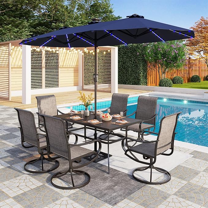PHI VILLA 13ft Patio Umbrella with Solar-Powered 120 PCS LED Color-Changing Lights, Triple-Head Large Rectangle Umbrella Outdoor Patio for Table with Crank Lift,Navy Blue(No Base)