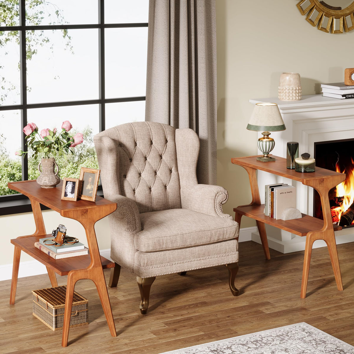 Tribesigns 2-Tier Solid Wood Side Table, Mid-Century Modern End Table with Storage Shelves, Tall Slim Side Table for Couch with Unique Legs, Long Bedside Table for Bedroom, Living Room, Cherry