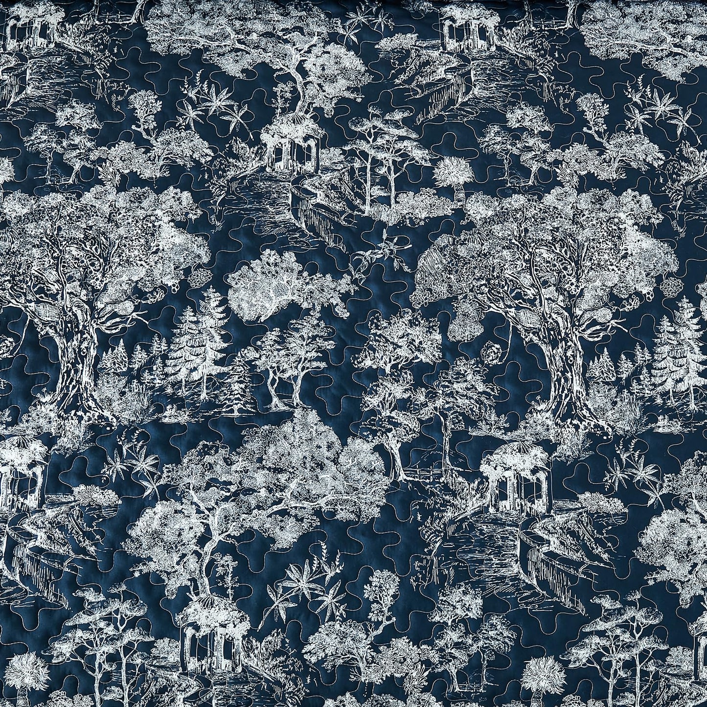 WONGS BEDDING Quilt Set Queen Size,3 Pieces Navy Blue Floral Plants Printed Bedspread Coverlet Set Soft Lightweight Toile Botanical Bedding Set for All Season (96"x90")