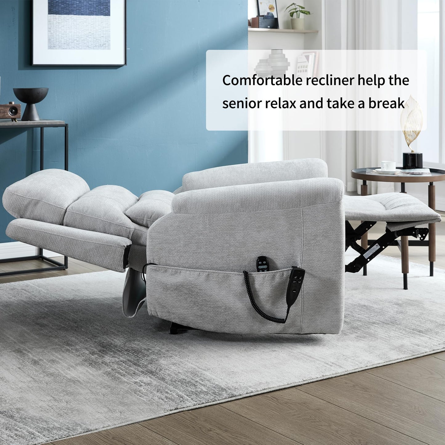 KEIKI Oversized Dual Motor Power Lift Recliner Chair for Elderly, Chenille Upholstery Breathable Rocking Chair with Back Massager and Heated, Senior Daily Relaxation and Home Comfort Seat, Grey