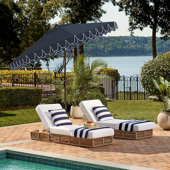 SAFAVIEH 9ft Outdoor Patio Umbrella, Round, Valance, Navy & White Trim, Auto Crank Tilt, UV Resistant for Deck, Backyard, Poolside (PAT8006A)