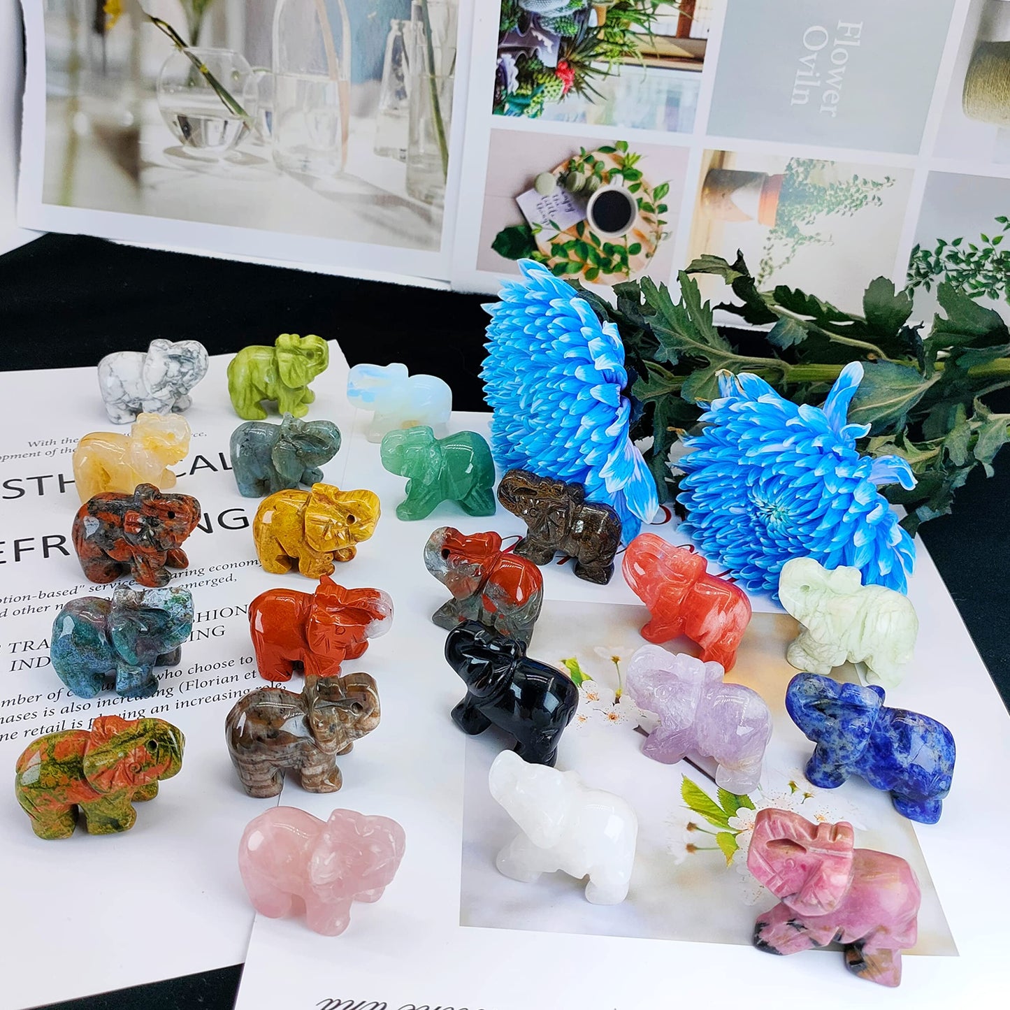 Wemeki Gemstone Elephant Figurines Mix 6PCS, Hand Carved Statue Healing Crystal Guardian Stones for Home Decorations 1.5''