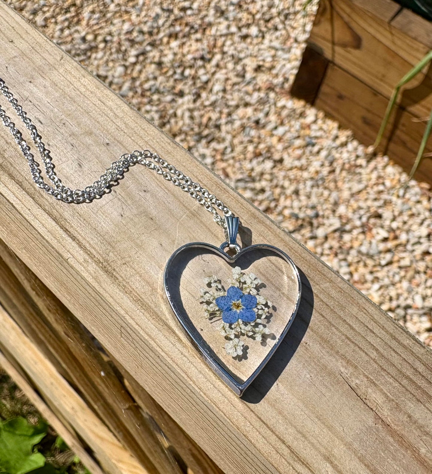 Handmade Forget Me Not and Queen Annes Lace Flower Keepsake Pendant and silver necklace. 13th Lace Anniversary gift (Silver Heart Forget Me Not Pendant)