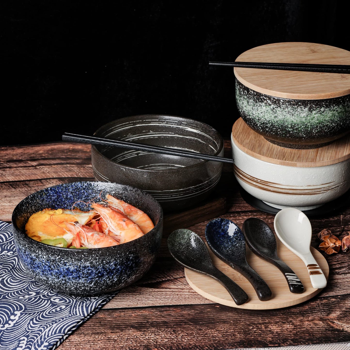 Cteaffee Ceramic Ramen Bowl Set, 38 OZ, Japanese Style, Durable, Microwave & Dishwasher Safe, Includes Spoon & Chopsticks (6), Blue