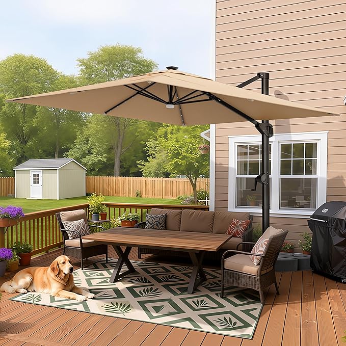 HOMSHADE 10 ft Square Cantilever Patio Umbrella with Base Included, Solar Lights Large Umbrella Outdoor Patio with 360°Rotation&Tilting, LED Lighted Offset Umbrellas w/Stand for Pool Deck