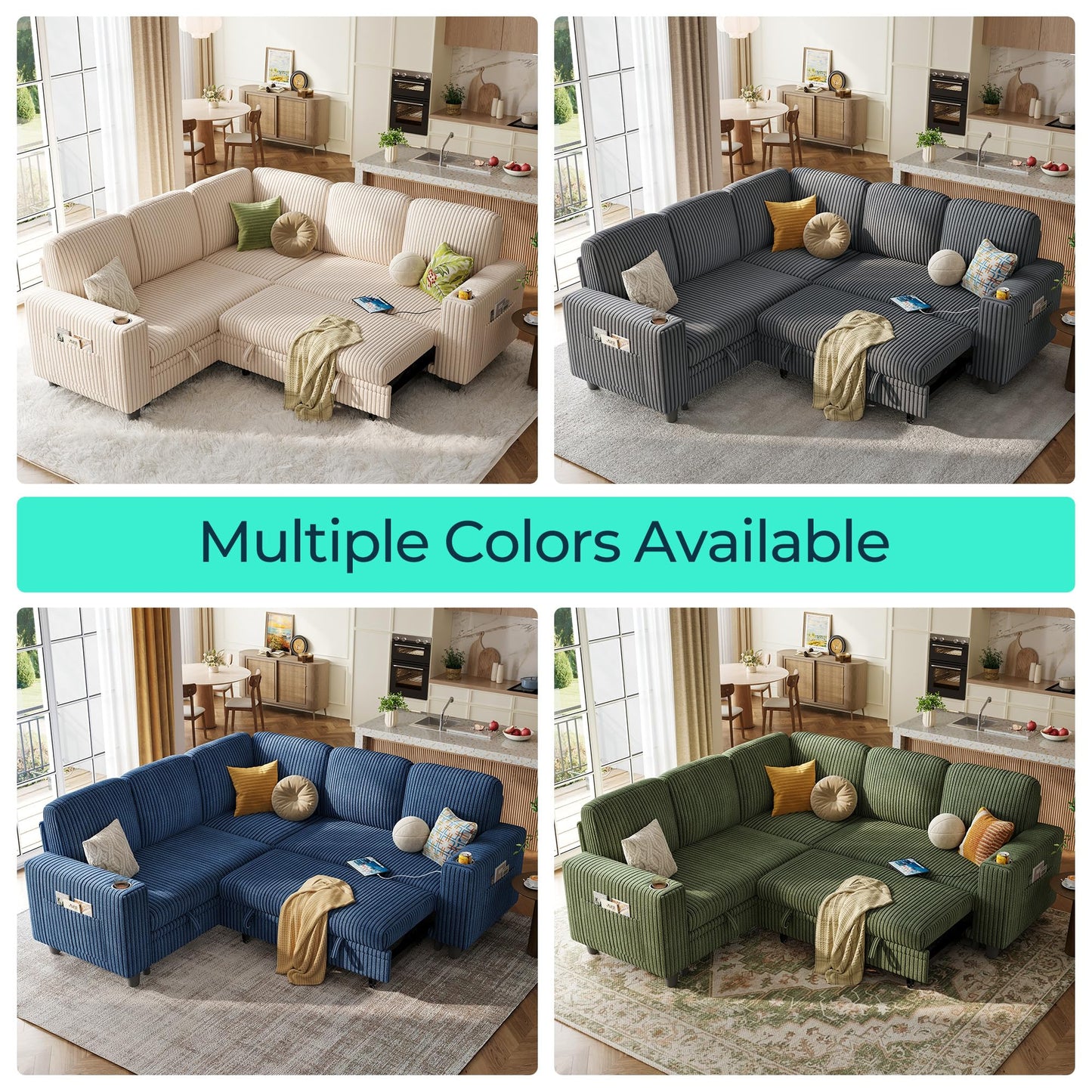 LINSY HOME Sleeper Sofa Bed with Pull Out Couch Modular Sectional Sofa (Blue, Sleeper Sofa 2) | Pull Out Sofa Bed, USB Charging, Cup Holders, Plush Corduroy, Storage