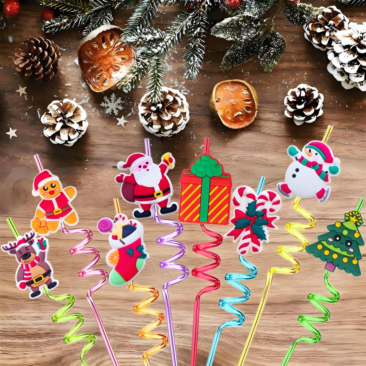 LEDUO 24 Christmas Party Favors Drinking Straws-Holiday Party Supplies-Reusable Xmas Santa Snowflakes Snowman Claus Reindeer Plastic Straw with Cartoon Decoration School Party Favors for Kids New Year