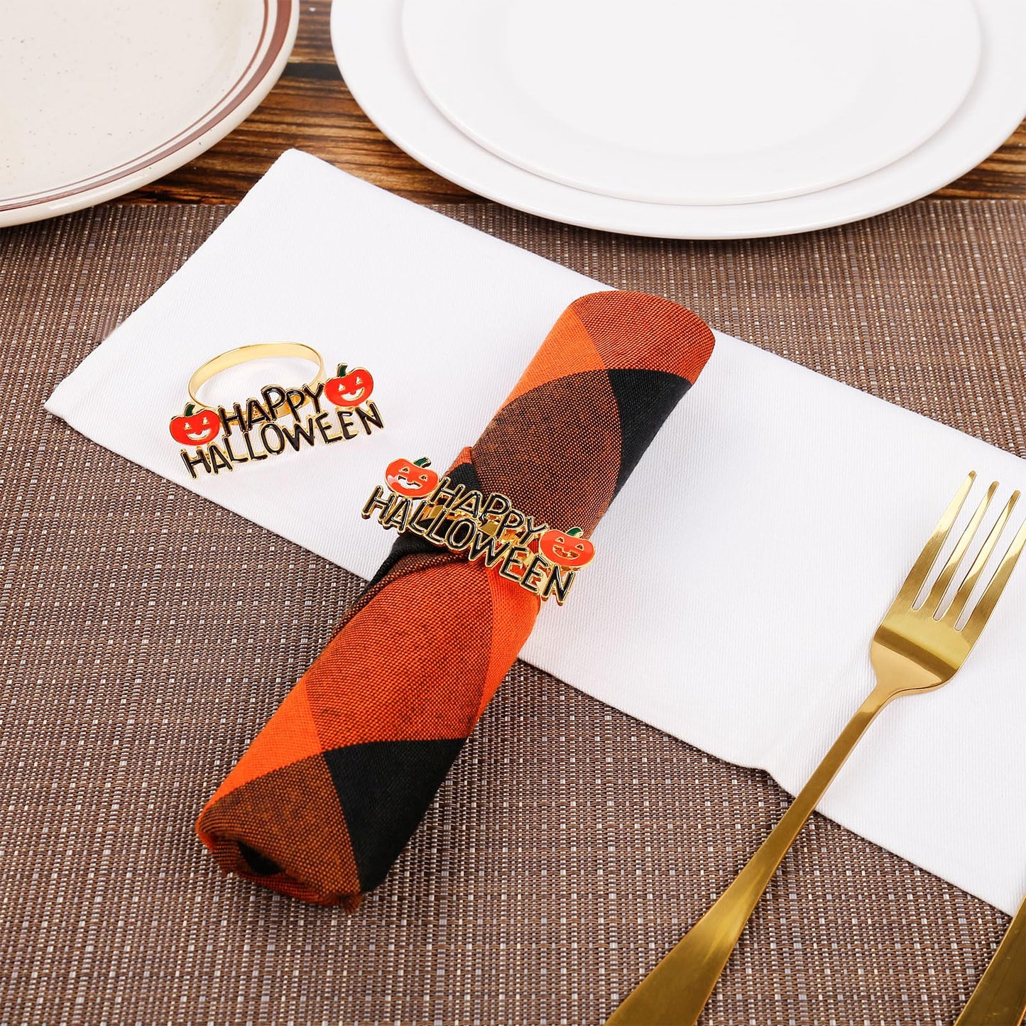 Getfitsoo Halloween Napkin Rings Set of 6, Happy Words With Orange Pumpkin Holders, Gold Metal Buckles for Party Decorations, Home Kitchen Dinner Table Setting