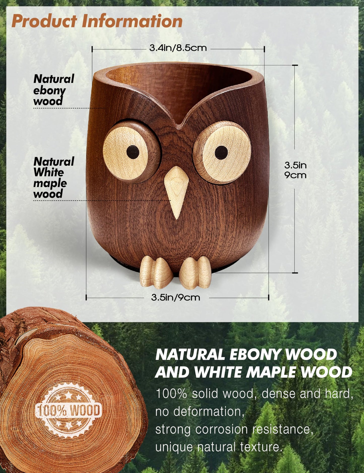 WODTILIFE Cute Owl Pen Holder for desk, funny wooden pencil holder with Magnetic Rotating Eyes emoji, Ebony solid wood hollow design, for Office accessories School Home and Holiday Gifts.(Brown)