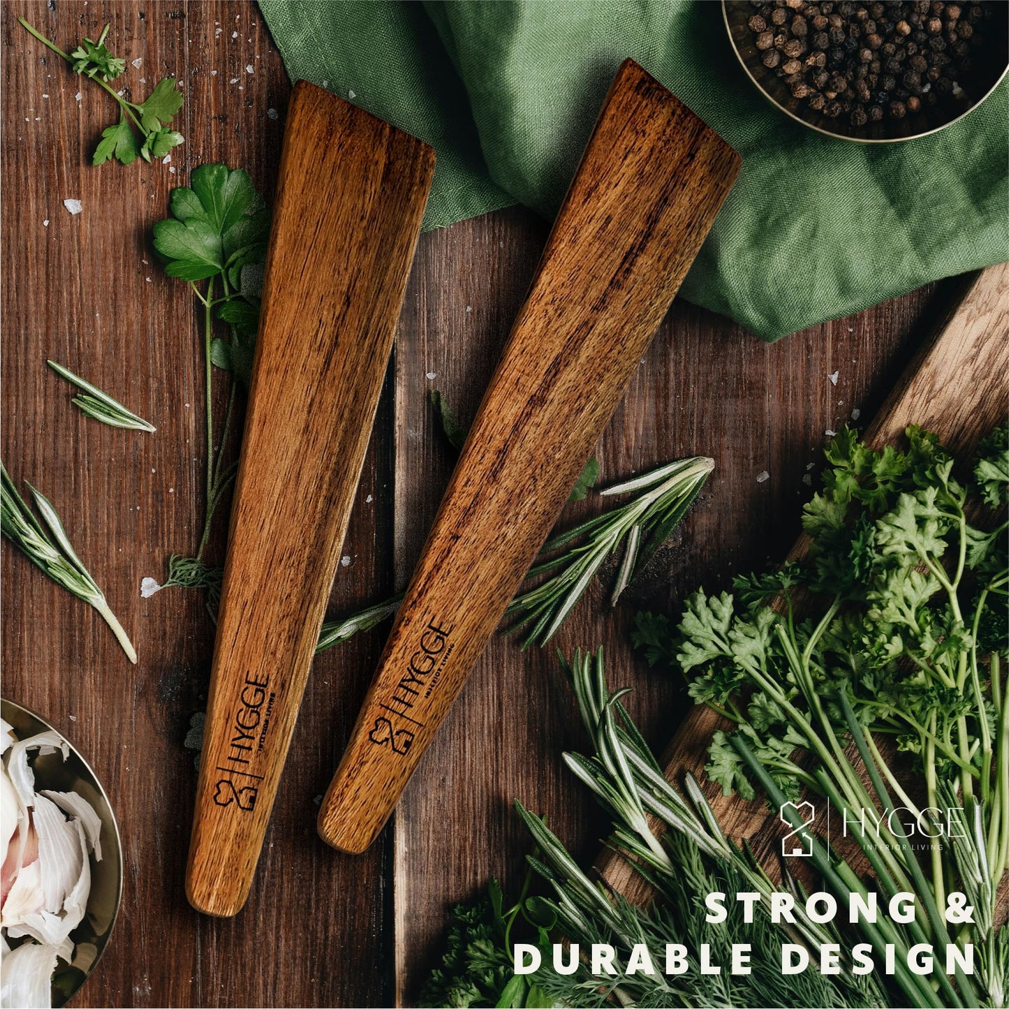 HYGGE INTERIOR LIVING Heirloom Acacia Wood Spatula Set - Professional Flat Turner for Cast Iron & Non-Stick, 12 inch Hand-Sanded Premium Hardwood, Designer Gift Box for Modern Kitchens - Set of 2