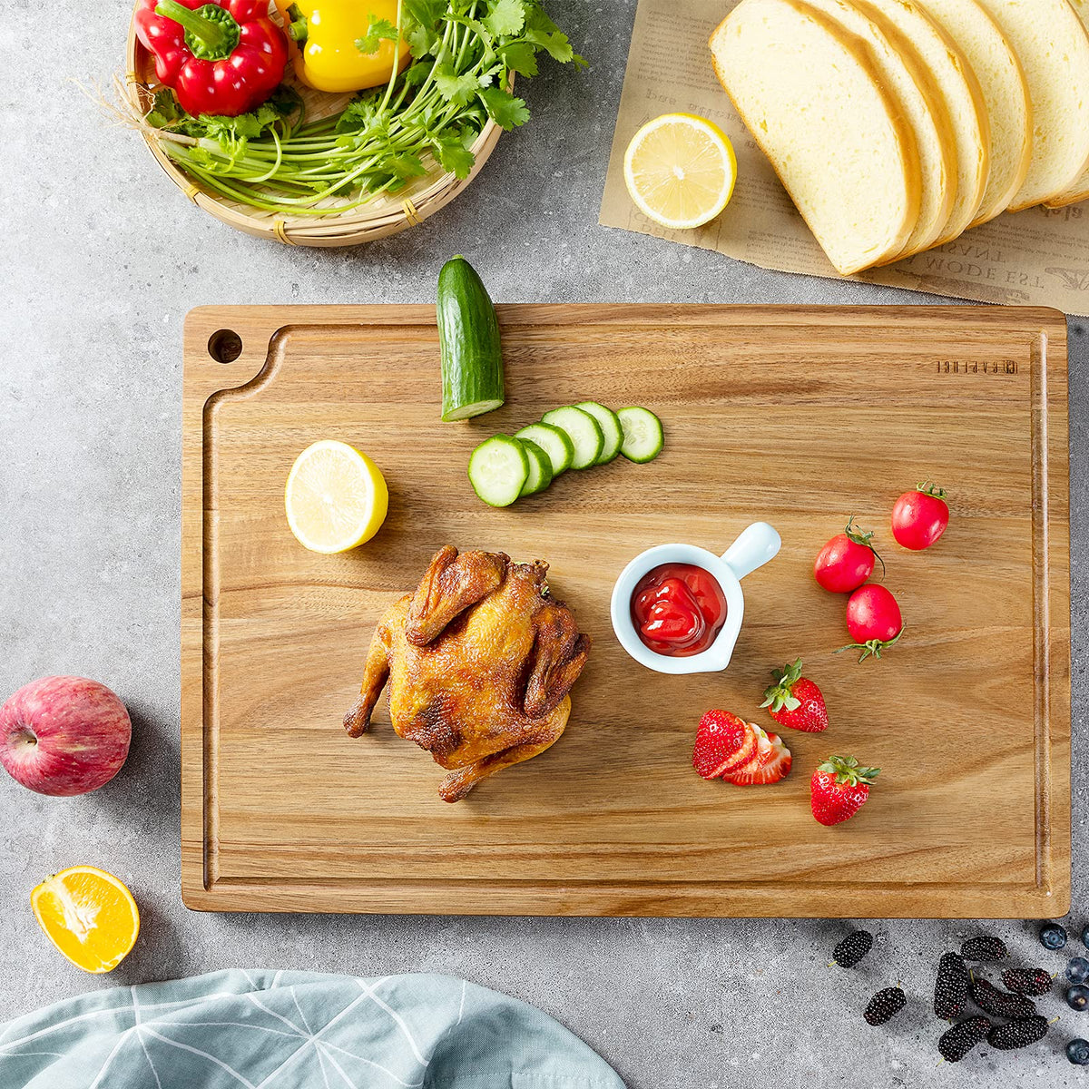 Extra Large Acacia Wood Cutting Board 20 x 14 Inch - Caperci Better Kitchen Chopping Board with Juice Groove & Handle Hole for Meat (Butcher Block) Vegetables and Cheese