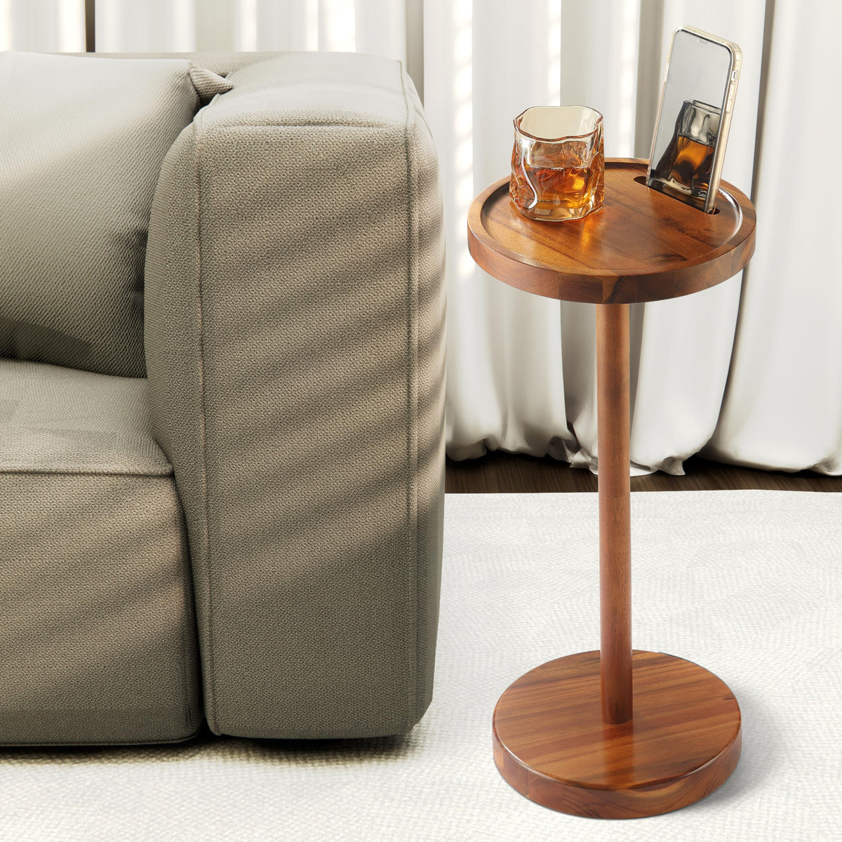 NAGAWOOD Pedestal Side Table, Acacia Drink Table with Weighted Base, Small Round Side Table for Small Spaces with Phone Holder, Martini & Cocktail Pedestal End Table for Living Room, RVs, Home Office