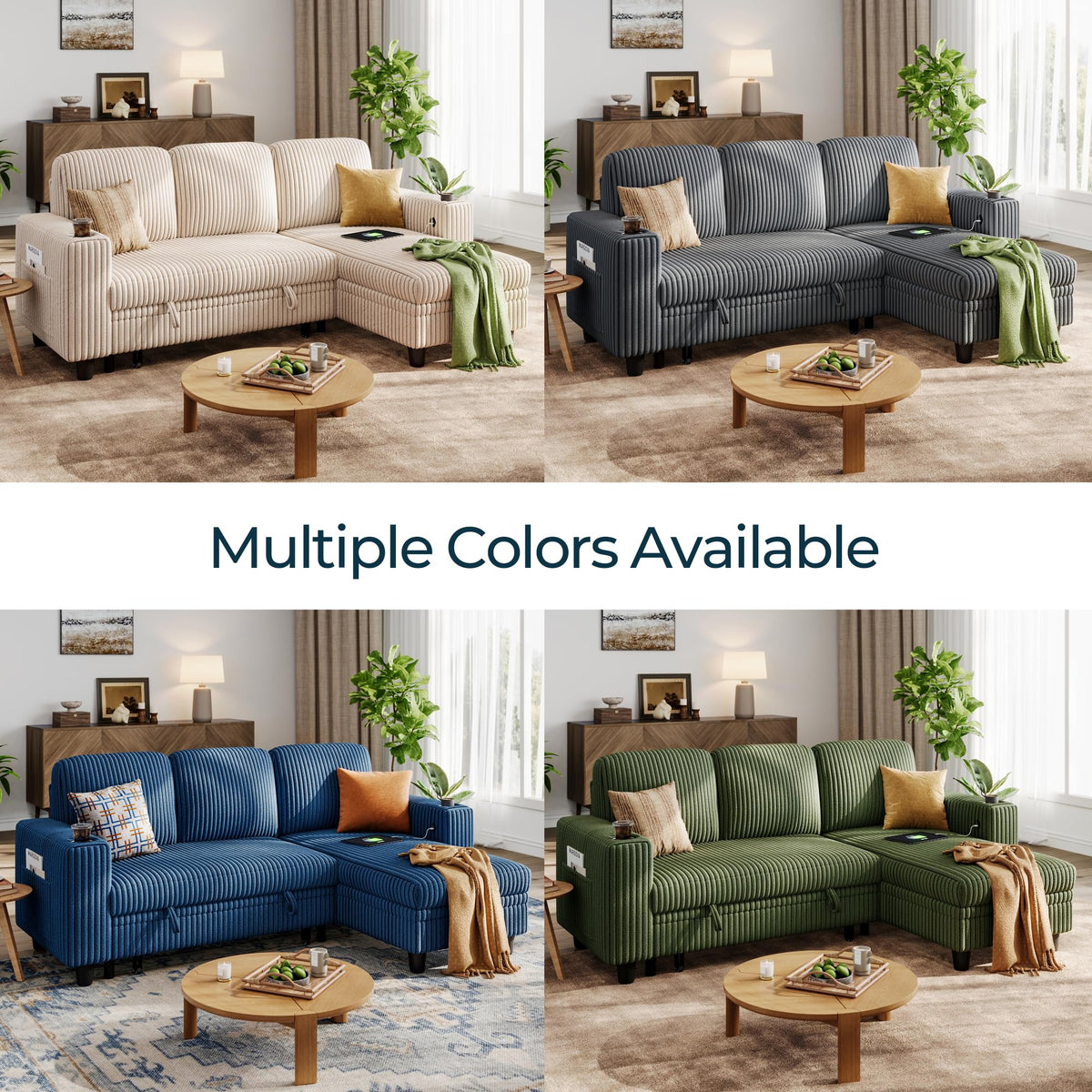 LINSY HOME Pull Out Sleeper Sofa Sectional Couches for Living Room, L Shaped Plush Corduroy Couch with Storage&USB Charging, Convertible Cloud Sectional Sofa Bed for Apartment, Green