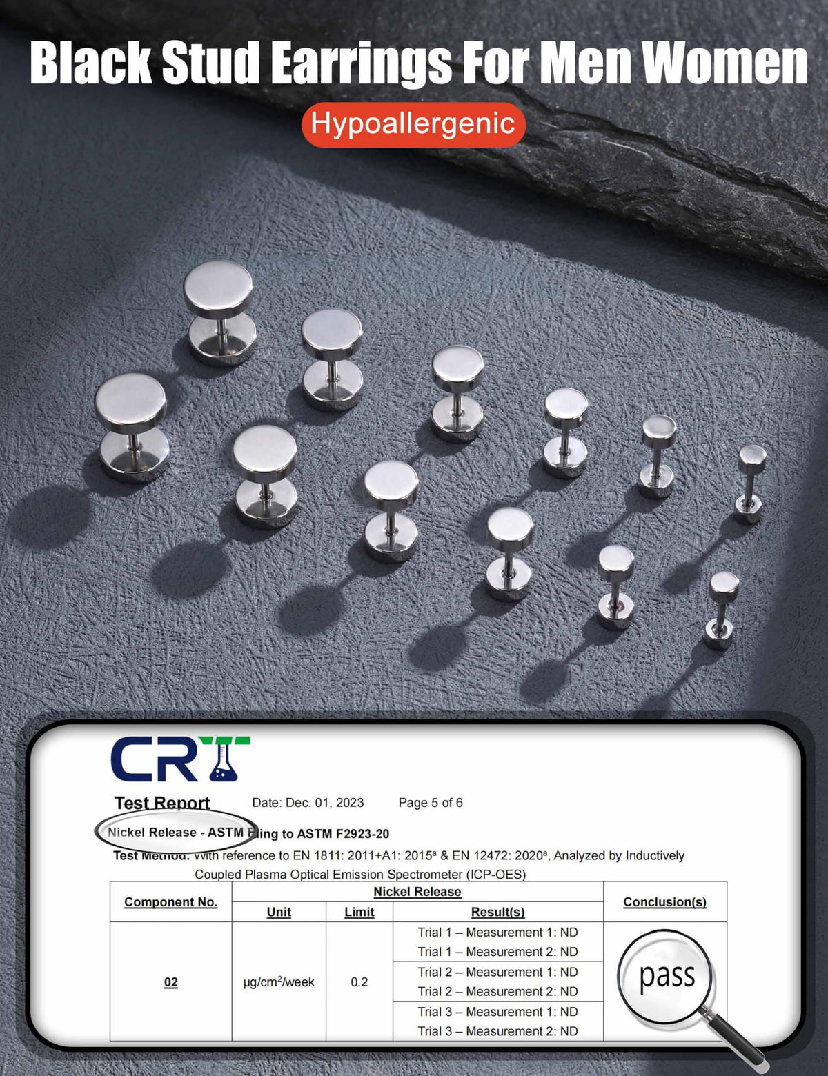 FIBO STEEL 6 Pairs Stainless Steel Black Stud Earrings for Men Women Faux Gauges Ear Tunnel Fake Gauge Earrings 3-8mm Silver