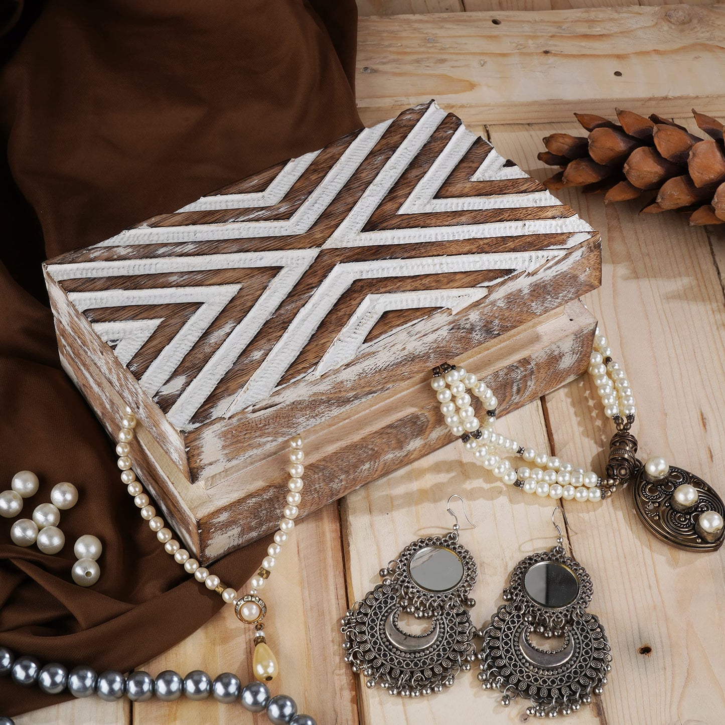 Ajuny Handmade Wooden Box – Hand Carved Line Design Keepsake Box, Decorative Jewelry Organizer Treasure Chest, Memory Storage Boxes Gift for Men and Women, 8x5 Inch