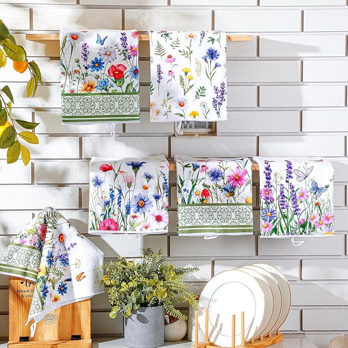 Geyoga 6 Pcs Spring Floral Kitchen Towels Flamingo Dish Hand Towels Sunflower