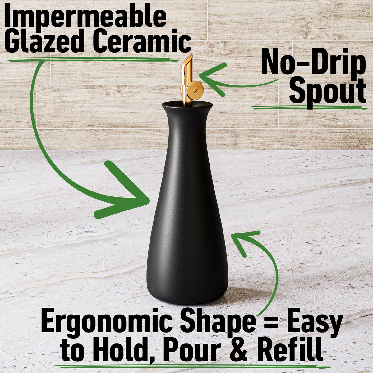 HB Design Co. Ceramic Olive Oil Dispenser with Self-Closing Gold Spout - 530 ML Capacity Matte White Ceramic Oil Dispenser for Kitchen - Leak Proof EVOO Dispensing Bottle