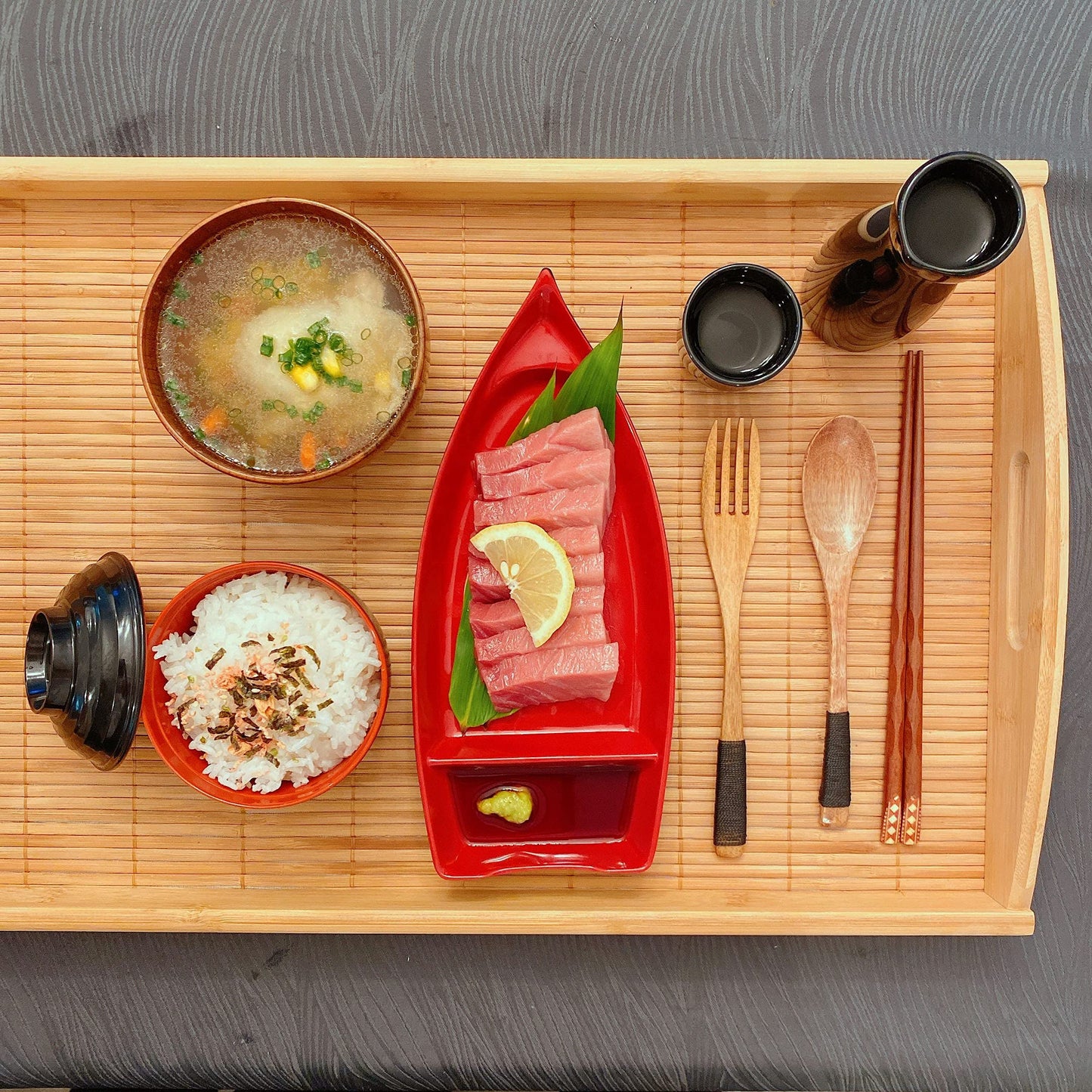JapanBargain 2-Pack Sushi Boat Serving Plate with Divider, 10 Inch Japanese Sashimi Sushi Plate Dish, Chip and Dip Appetizer Tray for Soy Sauce Wasabi Ginger, Melamine Sushi Serving Dish