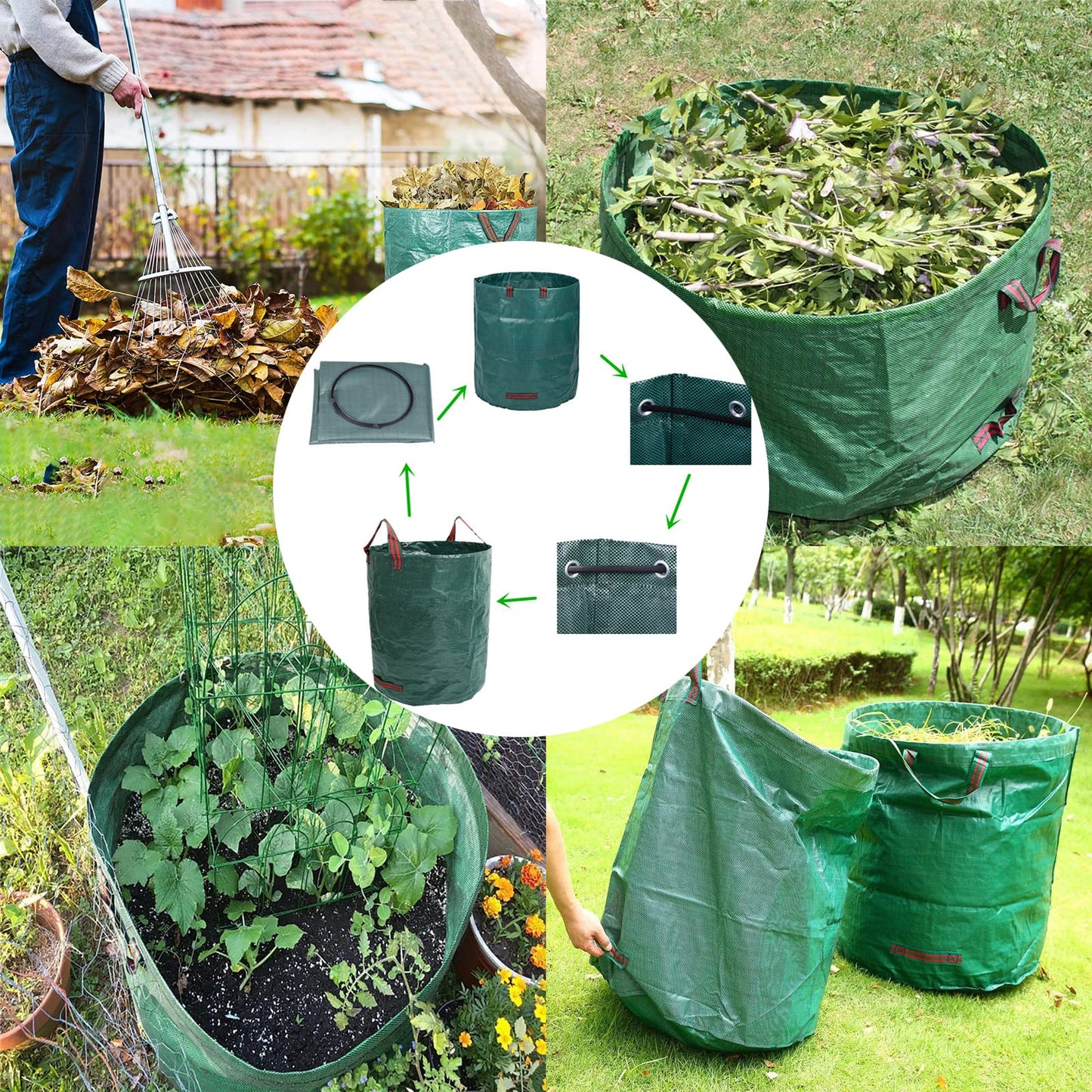 Zucklight Heavy Duty Garden Waste Bags 300 Litre - 3 Sacks Builders Bags Reusable - Industrial Fabric and Handles - Green/Garden Waste Sacks, Garden Bags Heavy Duty with Handles