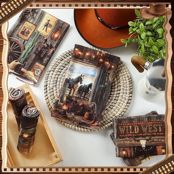 Breling 6 Pcs Western Cowboy Scene Kitchen Towel Wooden House Barn Vintage