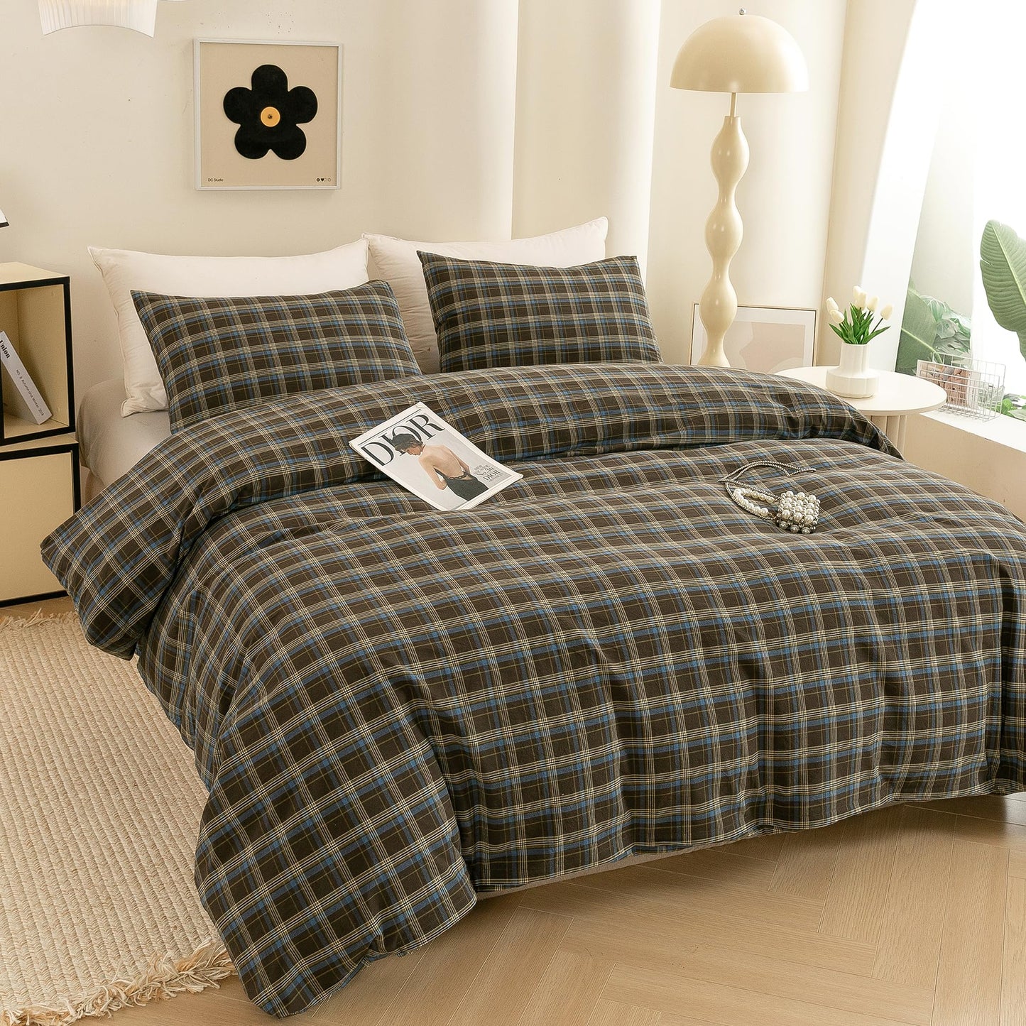ECOCOTT Buffalo Plaid Duvet Cover Queen Size – 3 Piece Washed Cotton Brown & Blue Bedding Set, Soft & Breathable, Reversible Checkered Design with Zipper Closure & Corner Ties