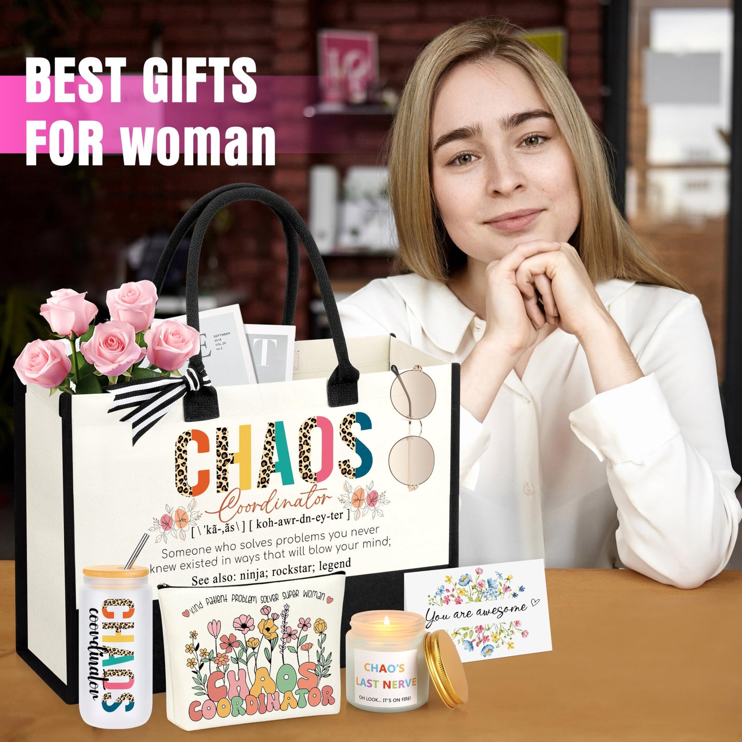 JSENGIFT Chaos Coordinator Gifts, Administrative Professional Day Ideas Gifts, Christmas Coworker Paraprofessional Appreciation Gifts for Social Worker Boss Lady Coworkers Manager Basket Set of 6