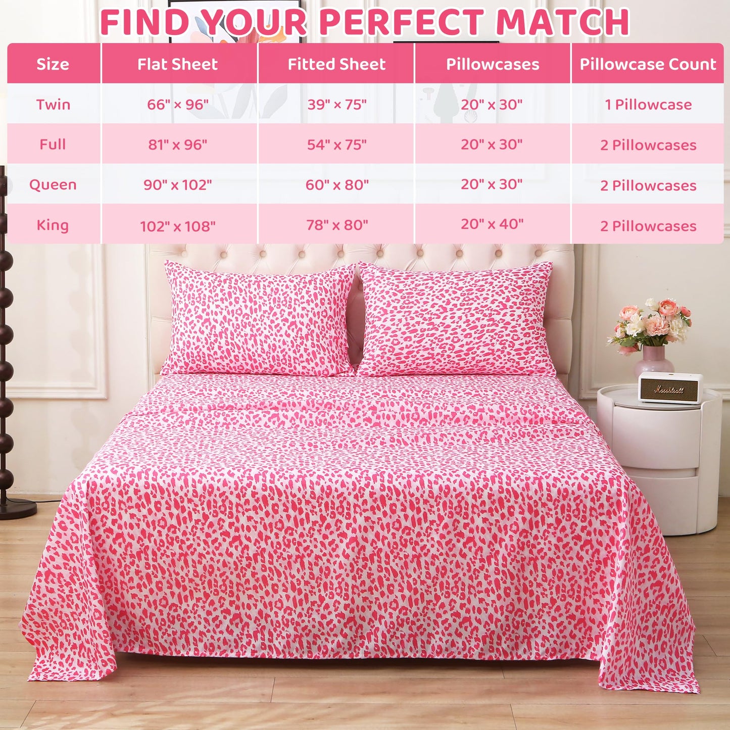 Mooreeke Leopard Cheetah Printed Twin Bed Sheets, Soft Microfiber Bedding Sheets & Pillowcases, Deep Pocket Non-Slip Fitted Twin Sheet, Pink Animal Pattern Bedsheets