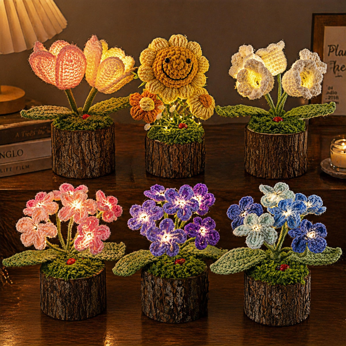 Tisuvimy Handmade Crochet Forget-me-not Flowers Night Light Knitted Flower with Wooden Pot Home Desktop Decorations Gifts for Women Friends Lovers Classmates (Pink Forget-me-nots)