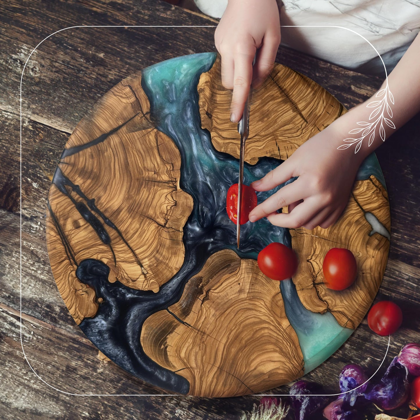Handmade Olive Wood Round Resin Cheese & Charcuterie Board – Circular Decorative Epoxy Cutting Board with Unique Blue Resin Artwork, Ocean Oasis Design