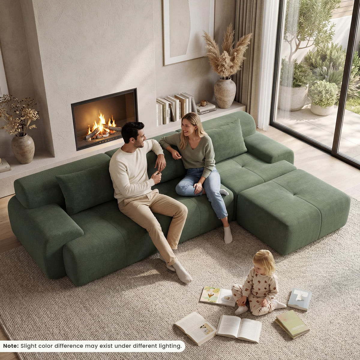 GRUSIGN 108'' Modular Sectional Boneless Sofa, Tufted Sectional Couches for Living Room,Oversized L Shape Deep Seat Sofa with Ottoman & 3 Throw Pillows,Corduroy Cloud Couch,Green