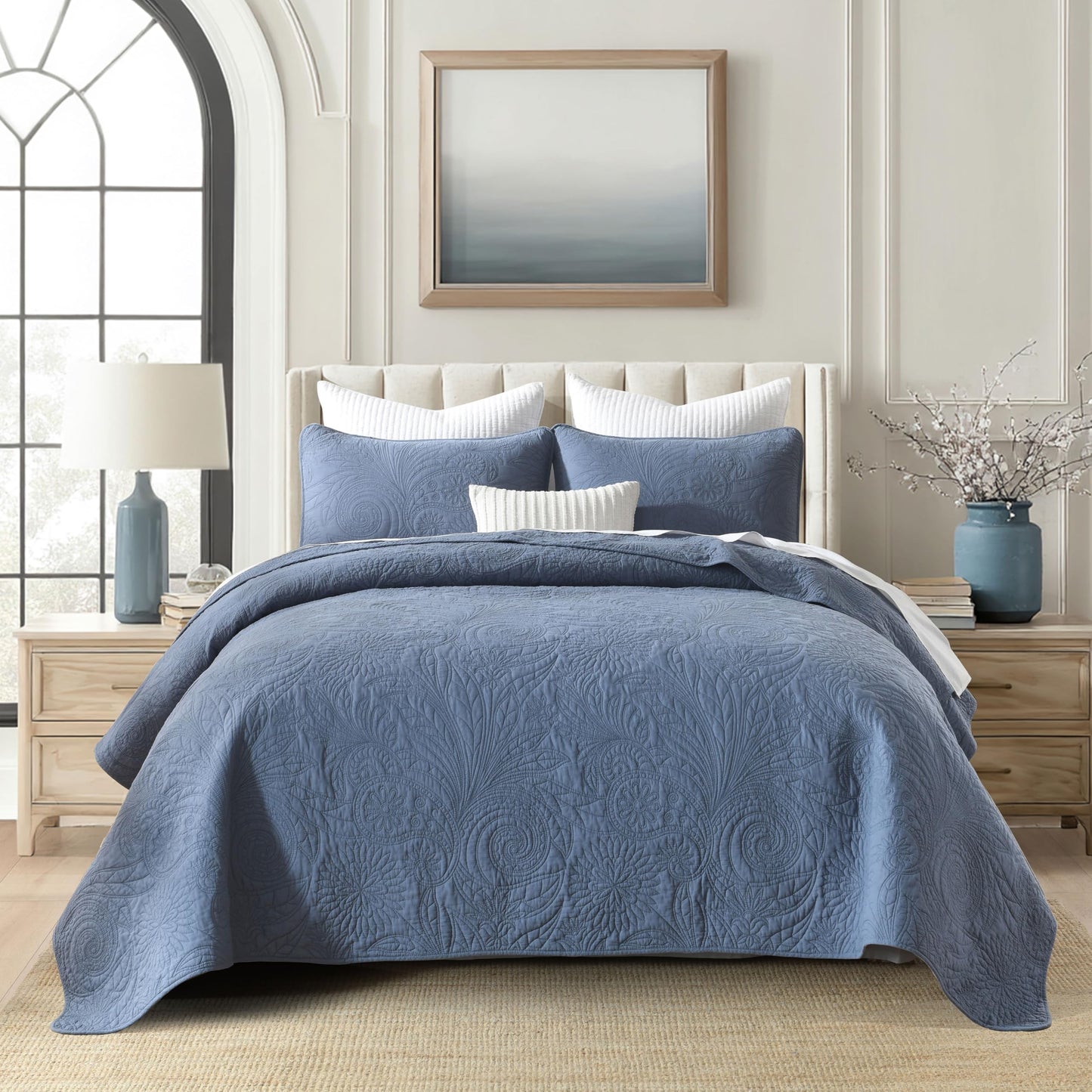 AJOCCI Cotton Queen Size Comforter Set,Solid Quilt Set Retro Blue Bedding,Paisley Bedspreads,Soft Cotton Quilt Solid Color Lightweight Bedspread All Seasons 3 Piece