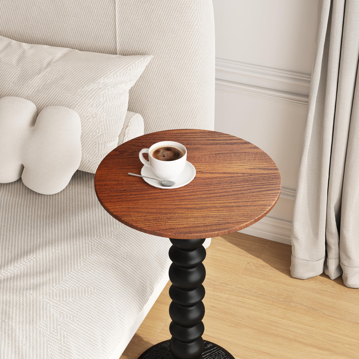 zaowofires Solid Wooden Round Side Table(Walnut/Black, 11.8" W*21.65" H)