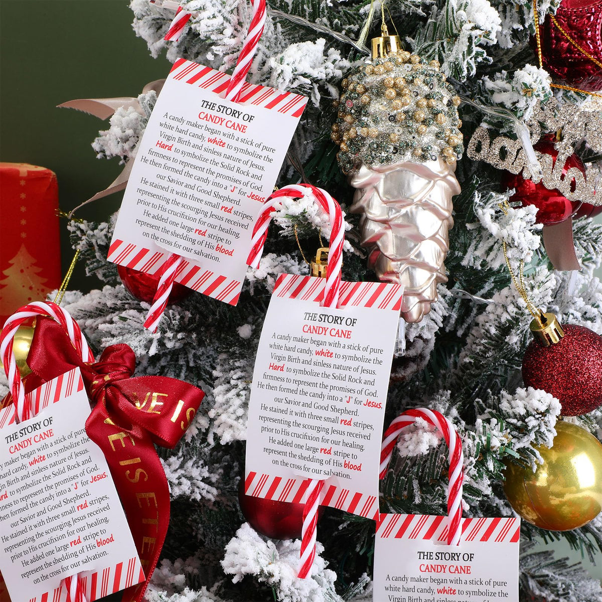 Cinnvoice 24 Sets Christmas Candy Cane Ornament and Candy Cane Meaning Story Cards Plastic Christmas Tree Hanging Ornaments Twisted Red and White Tree Decoration for Xmas Party Supplies