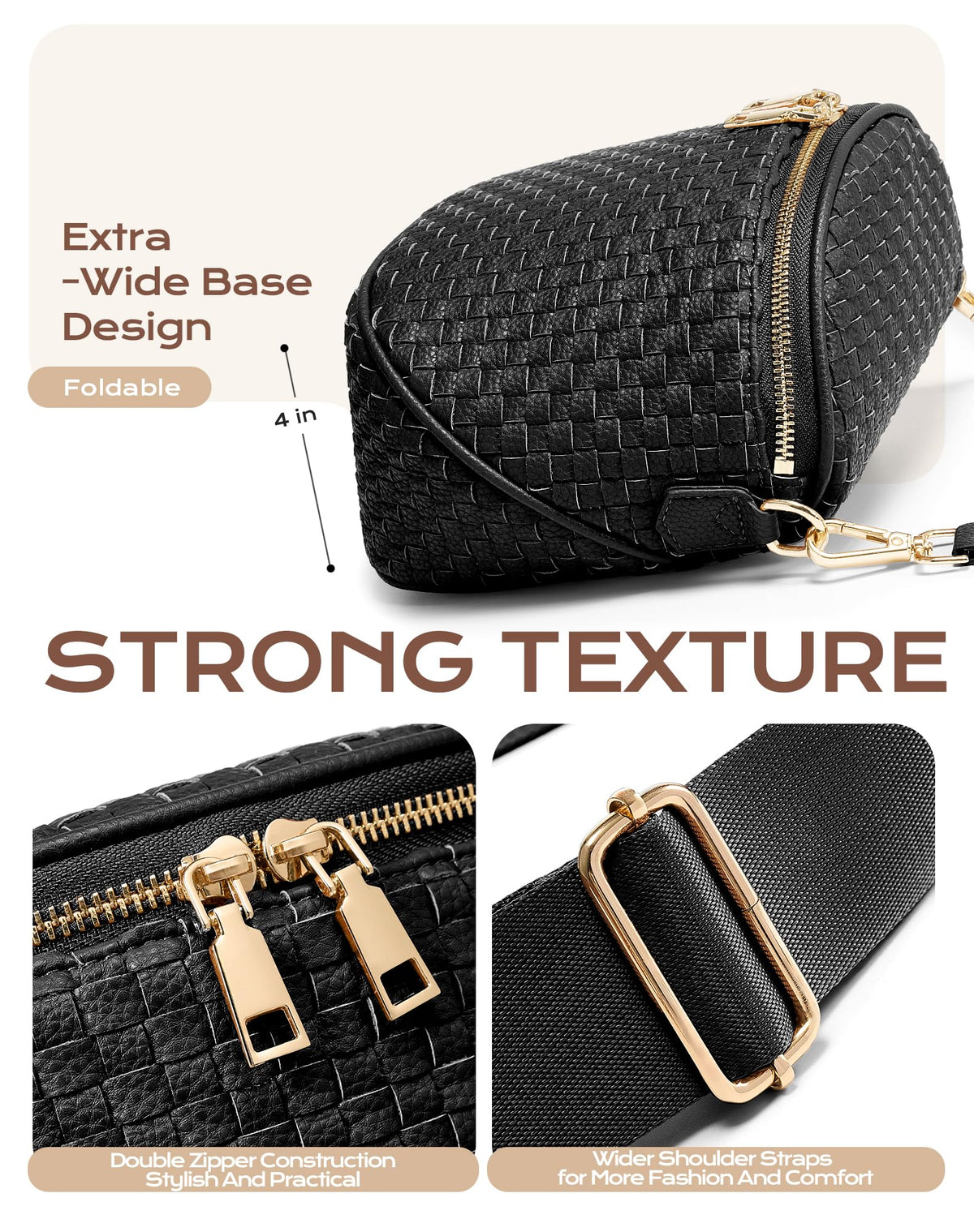 Trendy Woven Checkered Crossbody Bum Bag for Women,PU Leather Checkered Purse Fanny Packs Belt Bag (Woven Bum Bag - Pure Black)