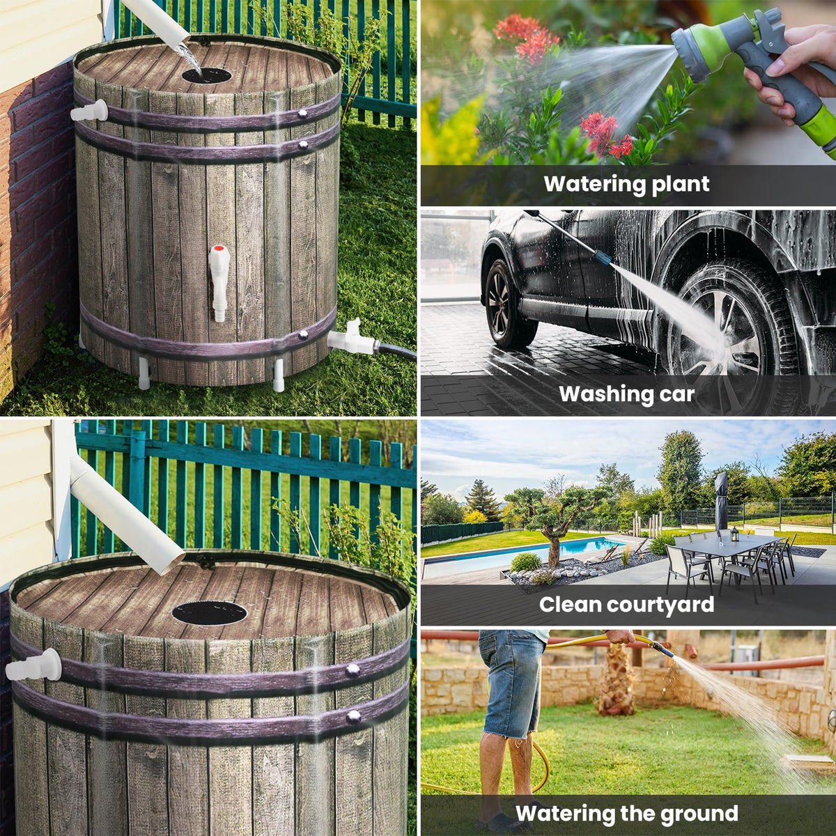 Rain Barrel,50 Gallon Collapsible Rainwater Collection with Spigots and Overflow Kit,Portable Plastic Rain Barrel with Filter, Anti-Collapse Rainwater Collection Container Woodgrain