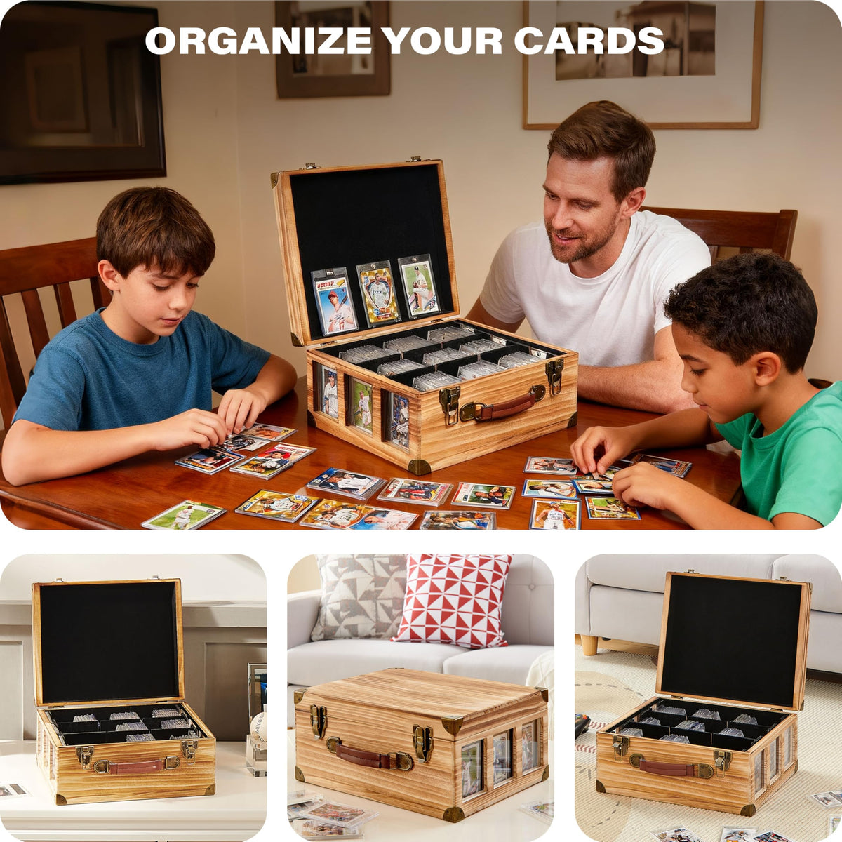 Poyilooo Graded Card Storage Box with Display Window, Wood Card Case for 140+ Cards PSA BGS FGS & SGC, Sports Cards Trading Cards, Graded Card Slab Carrying Case, Christmas Gifts (Carbonized Brown)