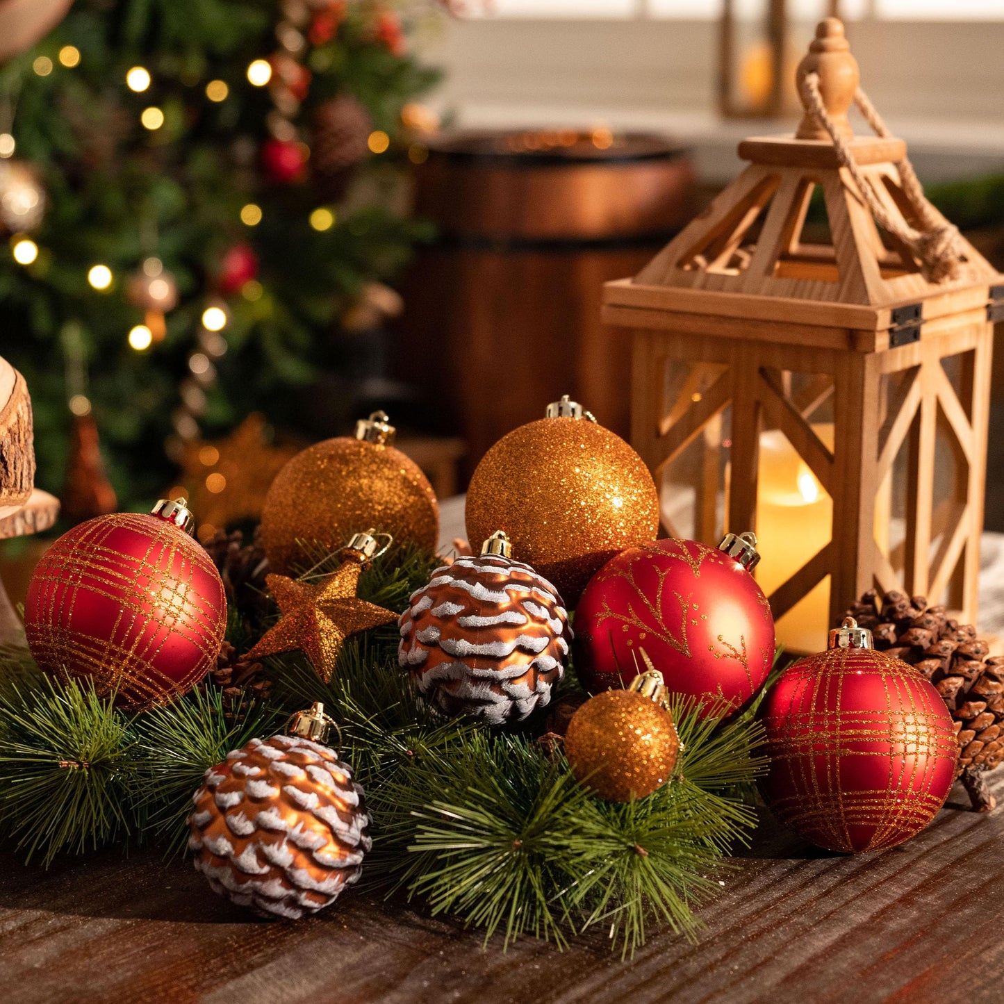 Valery Madelyn Christmas Ornaments Set, 70ct Red and Brown Shatterproof Christmas Tree Decorations, Woodland Hanging Ball Ornaments Bulk for Xmas Holiday Decor