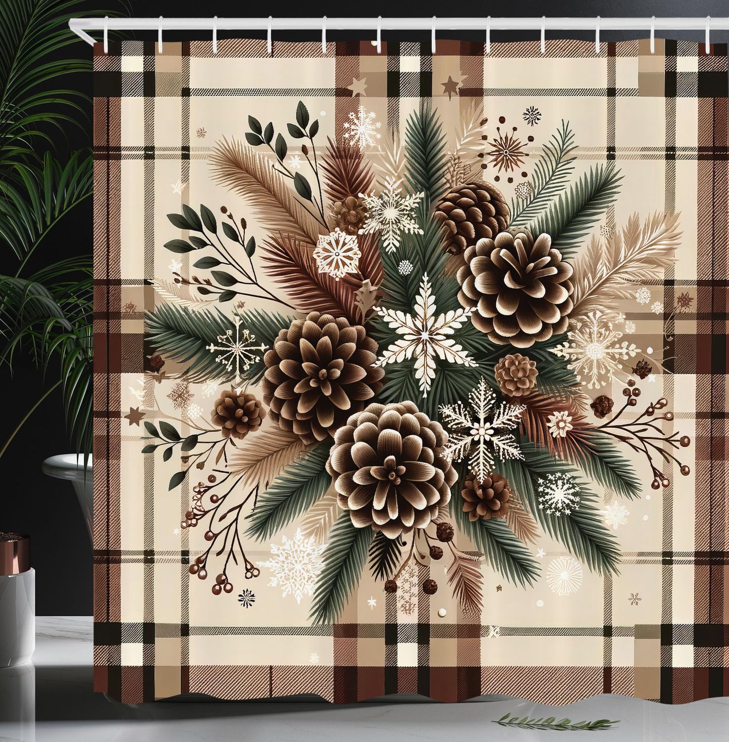 Ambesonne Christmas Shower Curtain, Traditional Xmas Pinecone and Leaves Ornate on Plaid Background Print, Cloth Fabric Bathroom Decor Set with Hooks, 69" W x 70" L, Cocoa Brown Sage Green