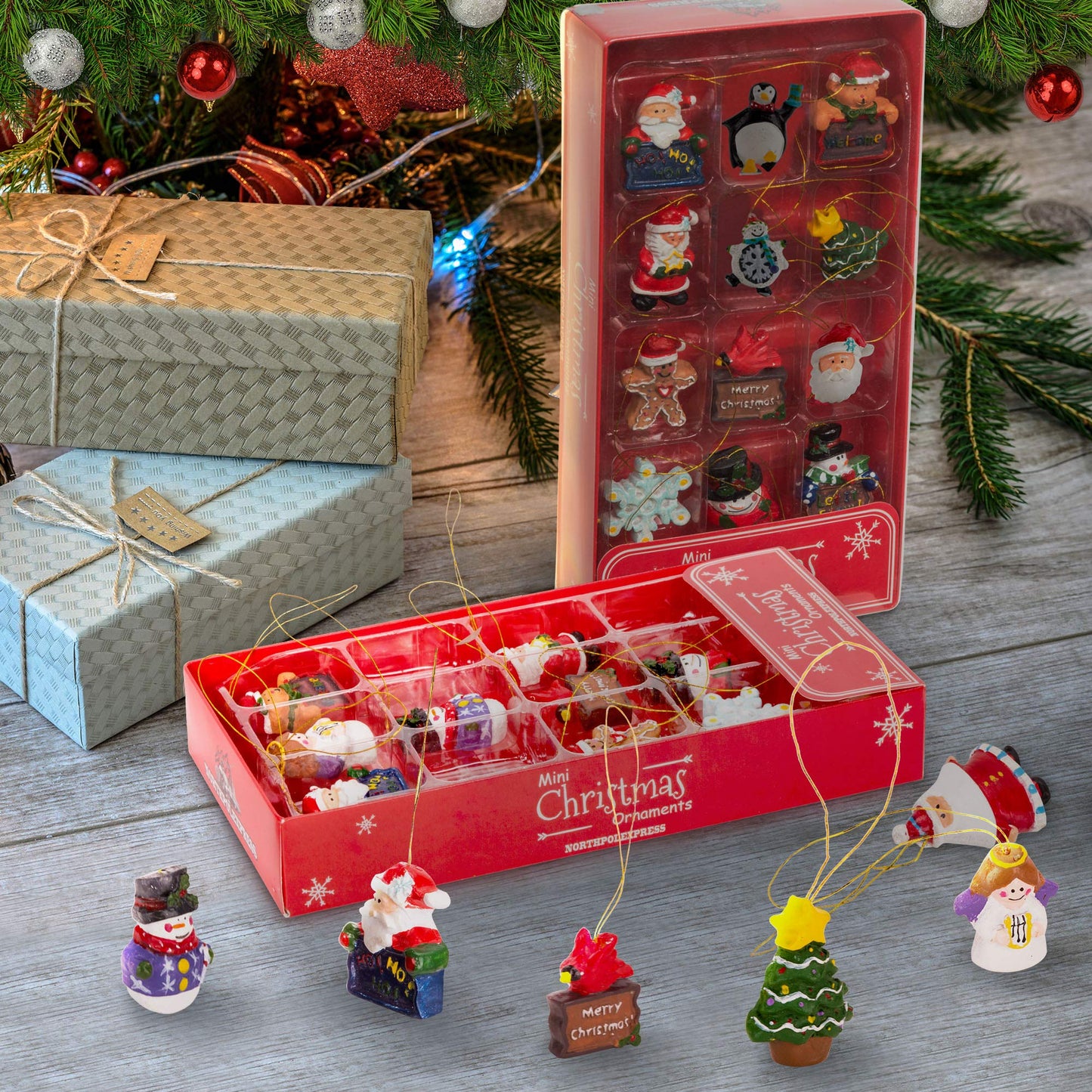 Mini Resin Christmas Ornaments Set of 24 - Rustic Christmas Decorations - Small Miniature Christmas Tree Ornaments - Santa Snowman Gingerbread Angel - Tiny Christmas Tree Decorations with Gift Box!