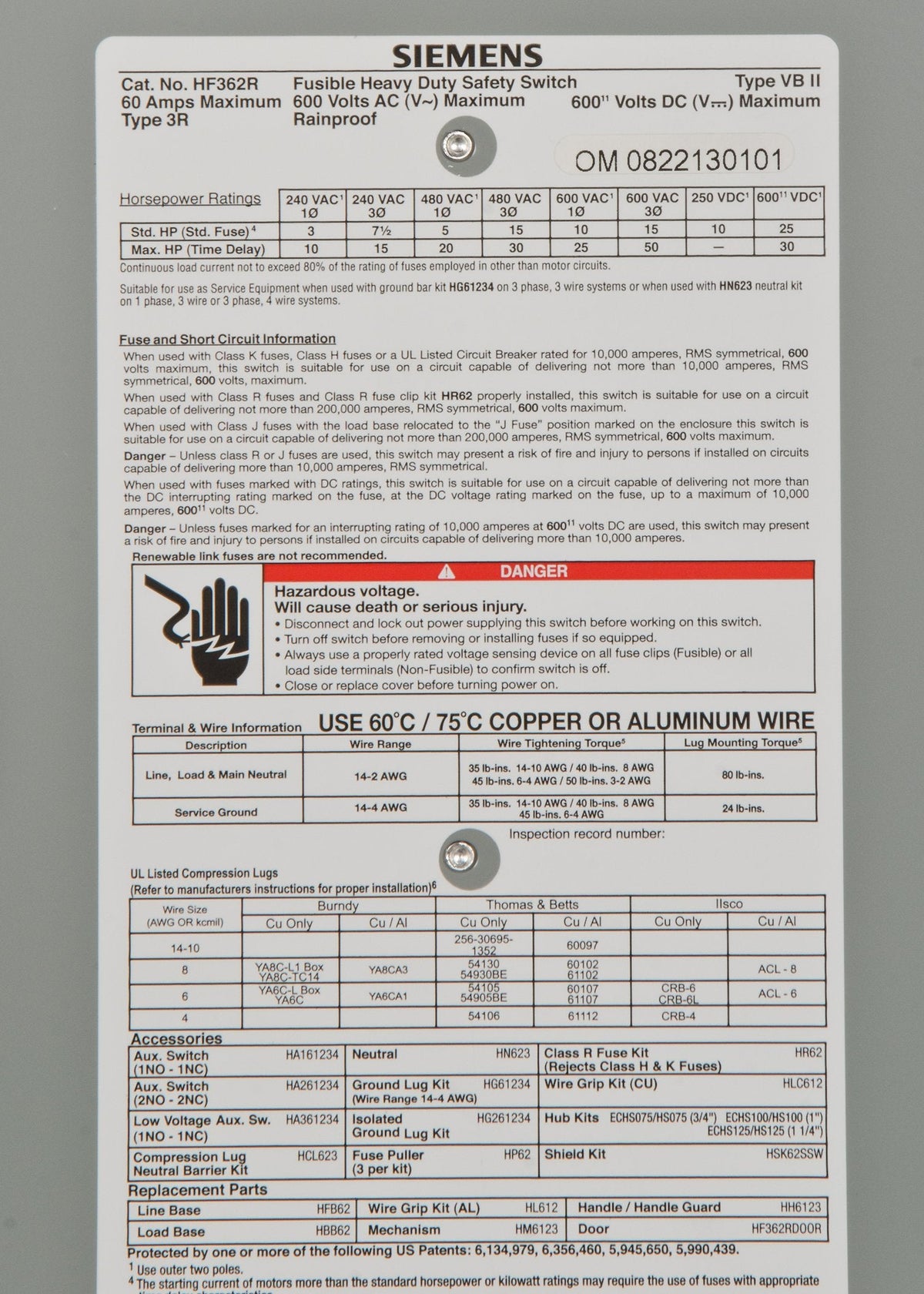 Siemens HF362R 60-Amp 3 Pole 600-volt 3 Wire Fused Heavy Duty Safety Switches